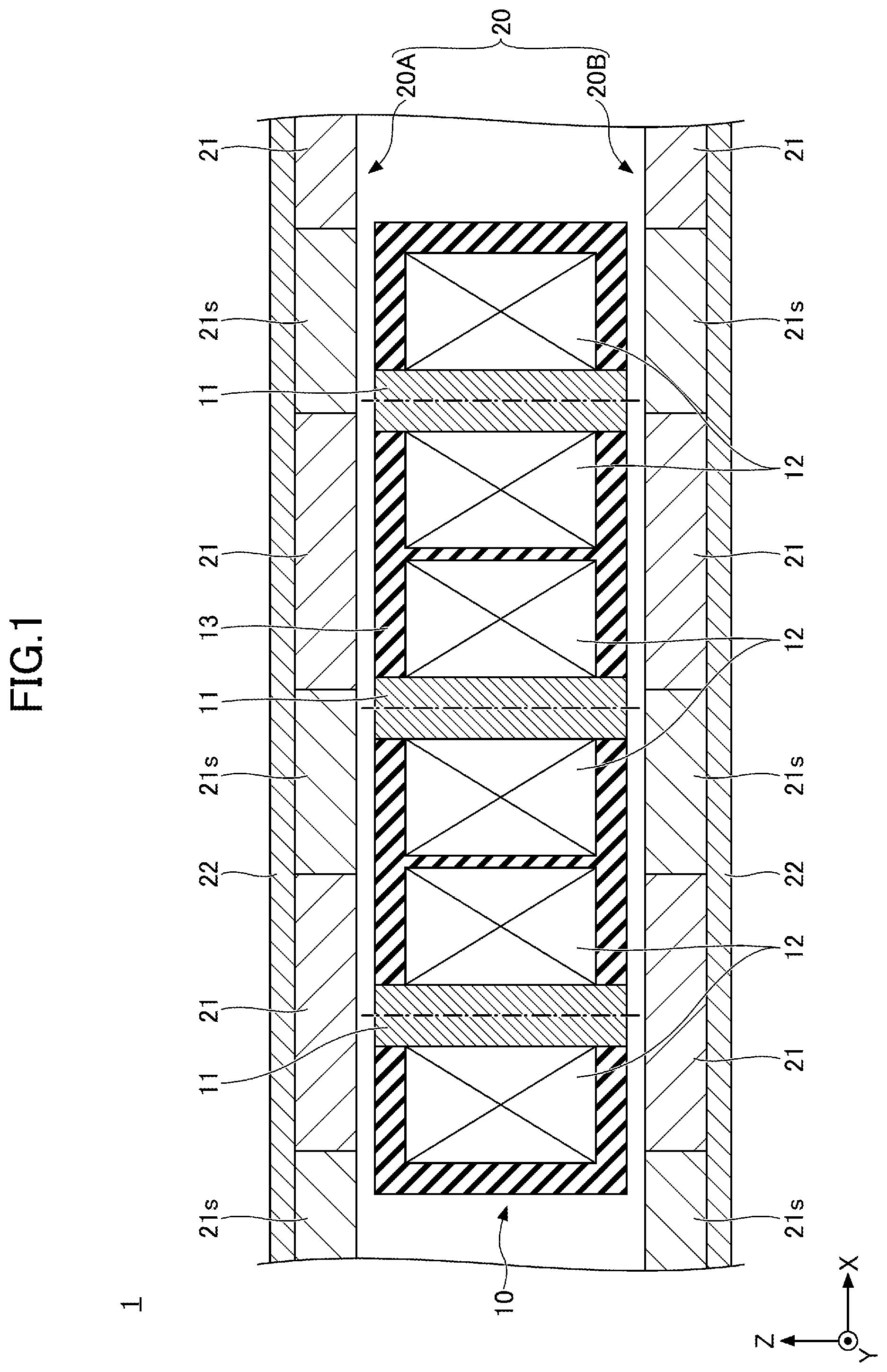 Patent US11777387 — Armature, linear motor, method of manufacturing armature — Figure 1