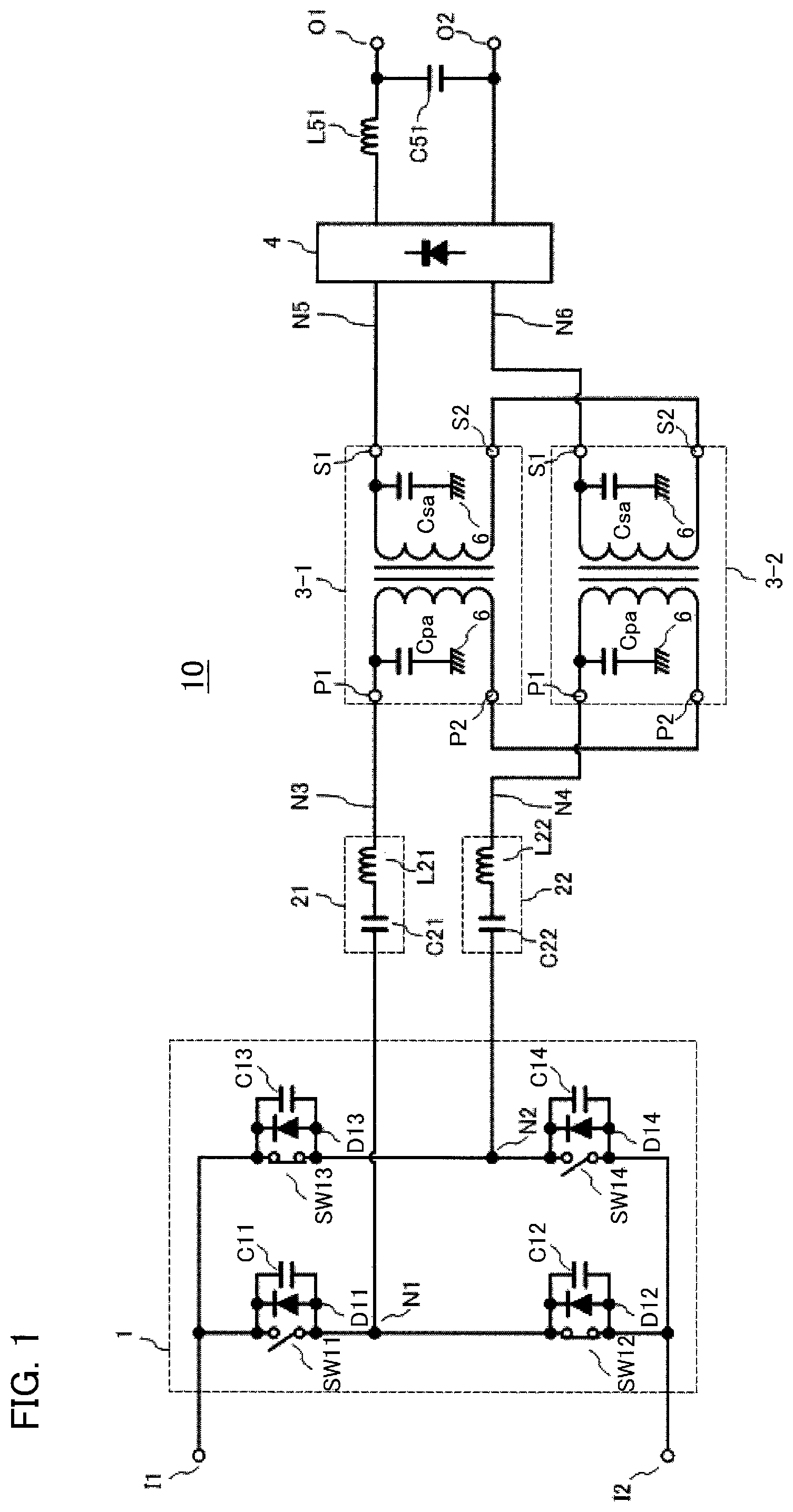 Patent US11777412 — Switching power supply apparatus for reducing common mode noise due to line-to-ground capacitances — Figure 1