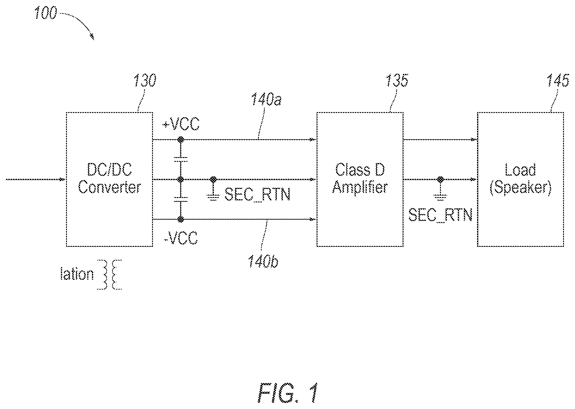 Patent US11777415 — Synchronous rectification to mitigate rail pumping in a single-ended Class D amplifier — Figure 1