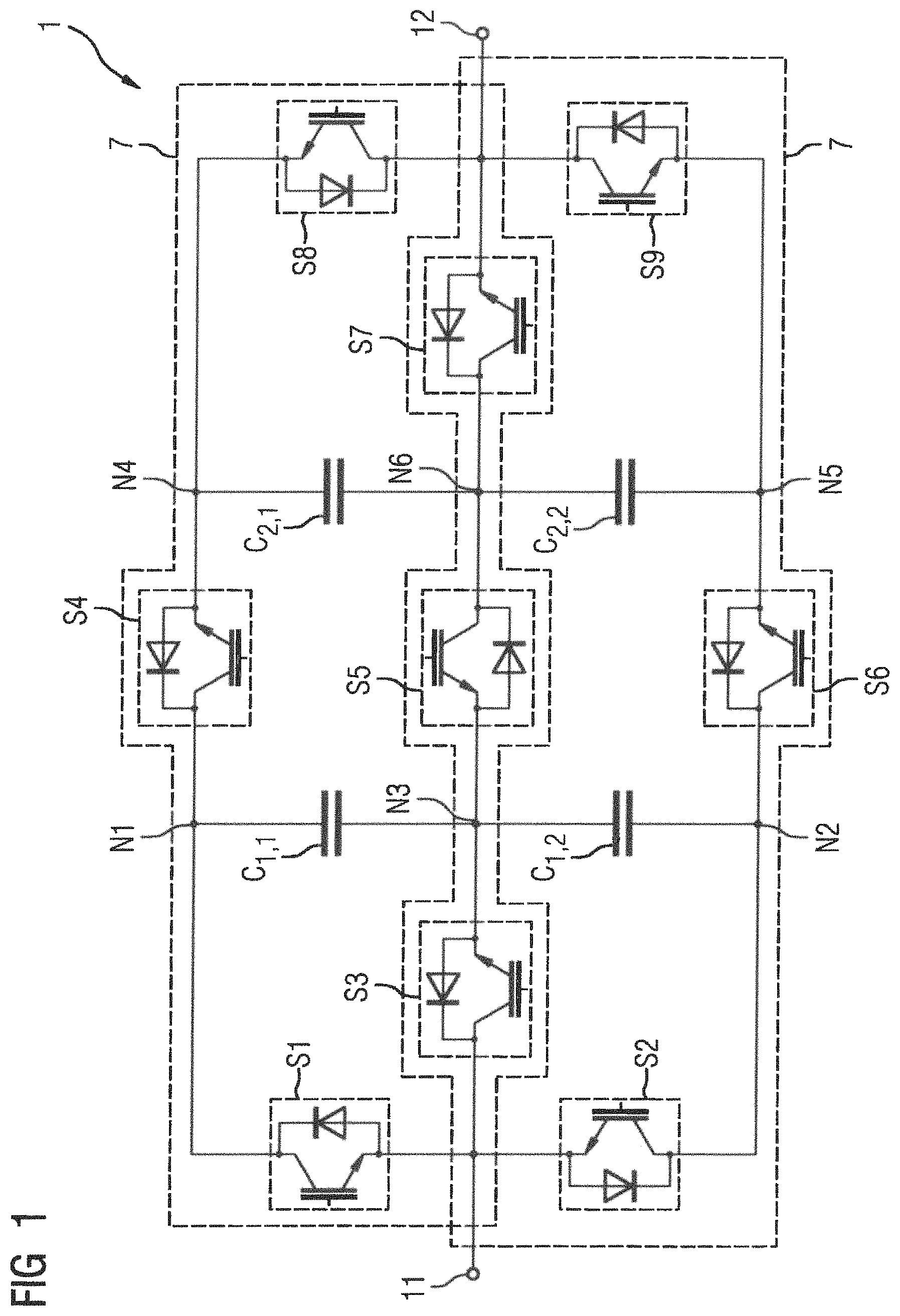 Patent US11777420 — Submodule as a parallel serial full bridge for a modular multilevel converter — Figure 1