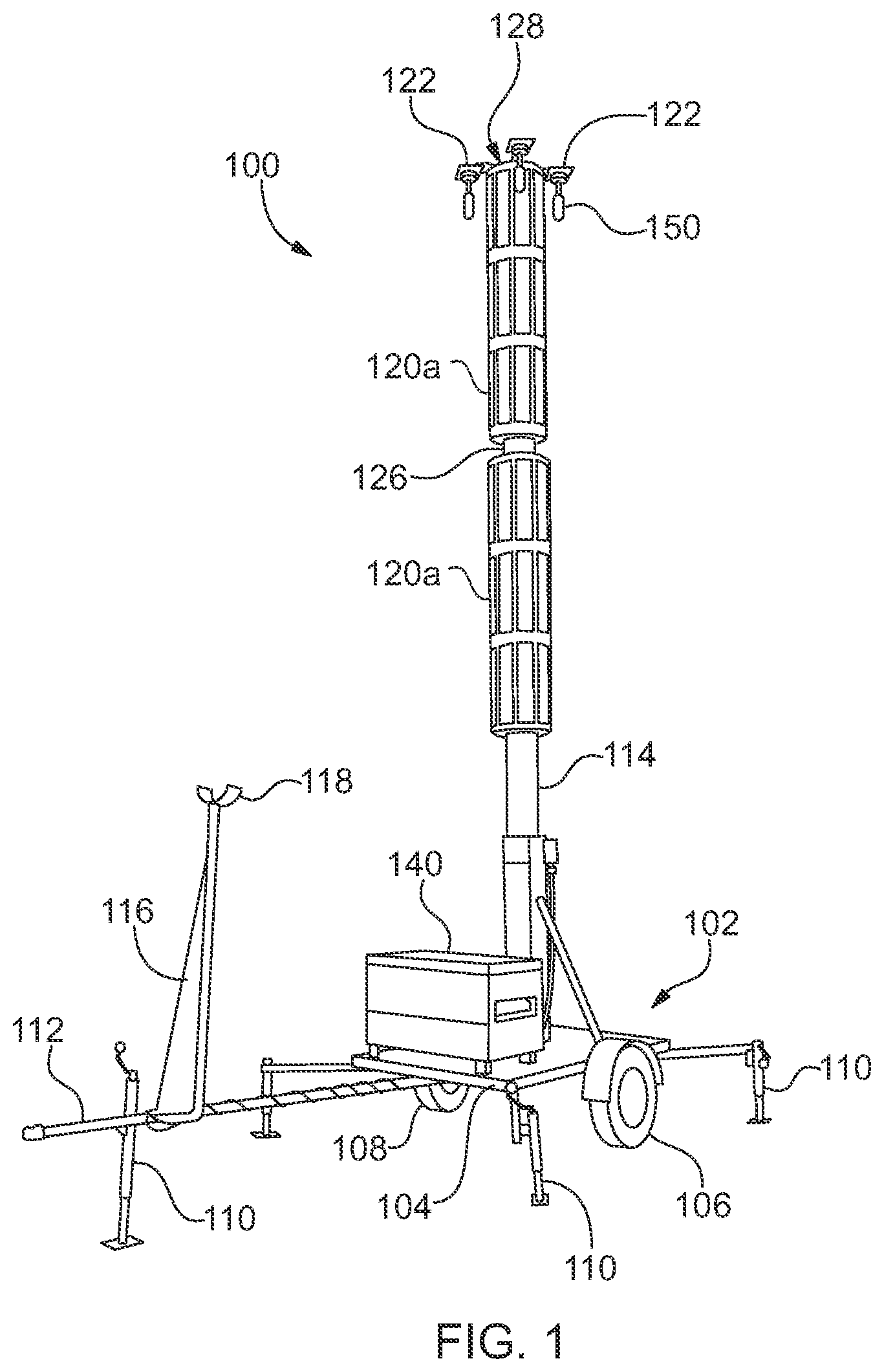 Patent US11777439 — Compact, lightweight, portable trailer with solar tower and autonomous hybrid power solutions — Figure 1
