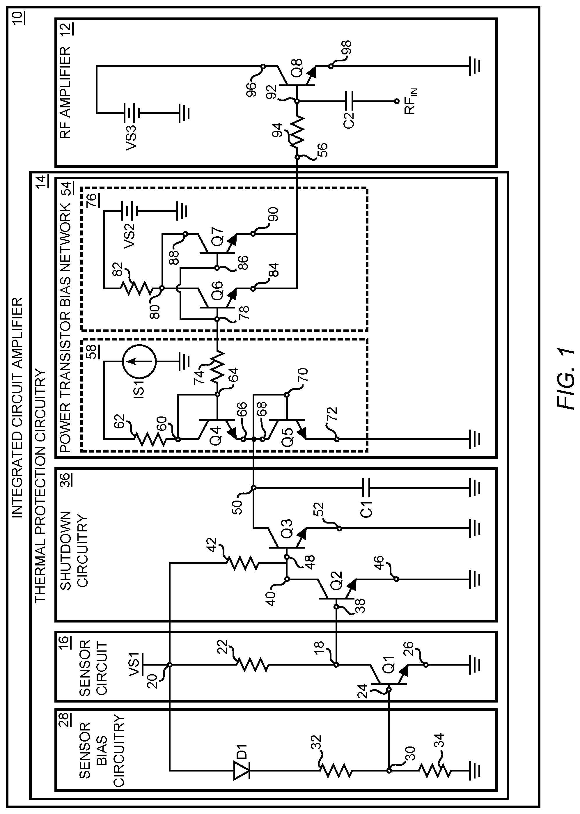 Patent US11777455 — Integrated circuit amplifier and thermal protection circuitry — Figure 1