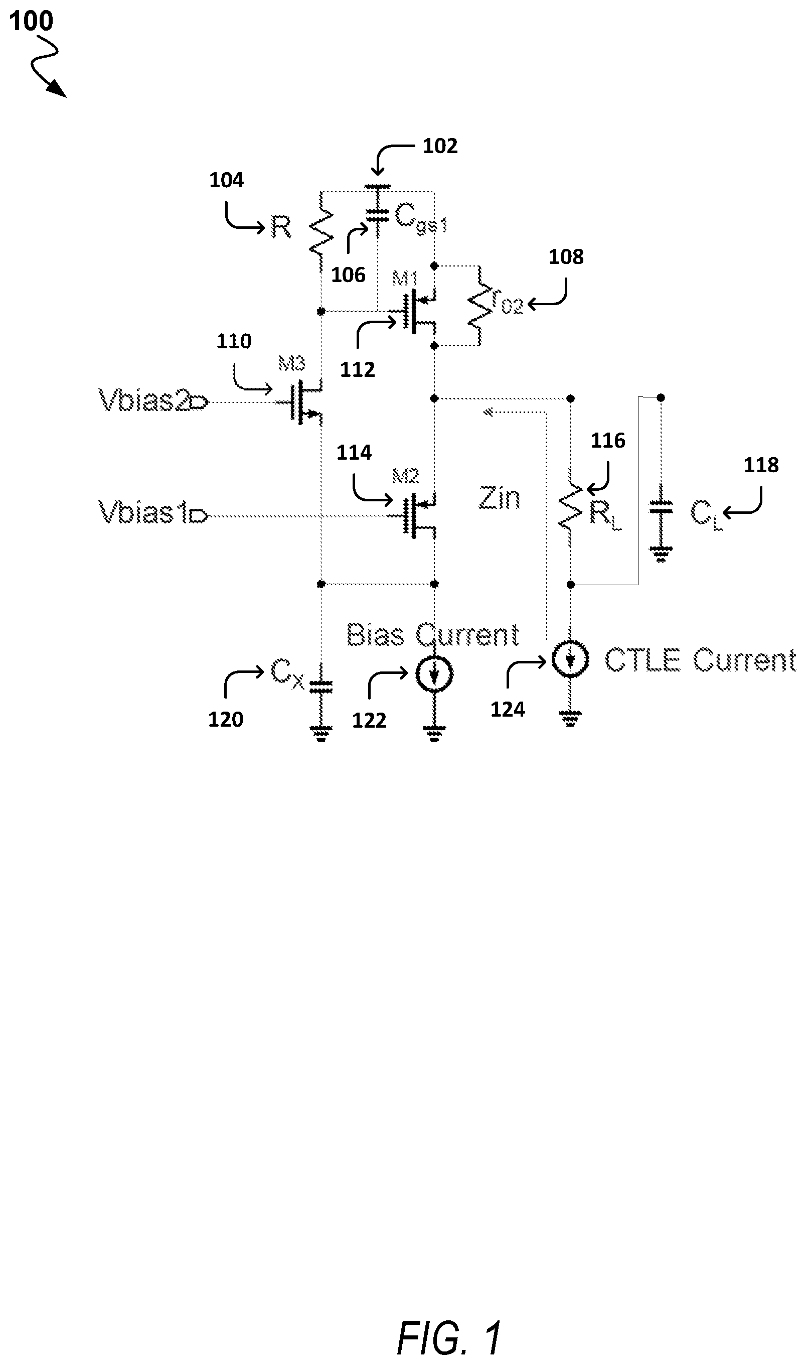 Patent US11777491 — Continuous time linear equalizer with active inductor — Figure 1