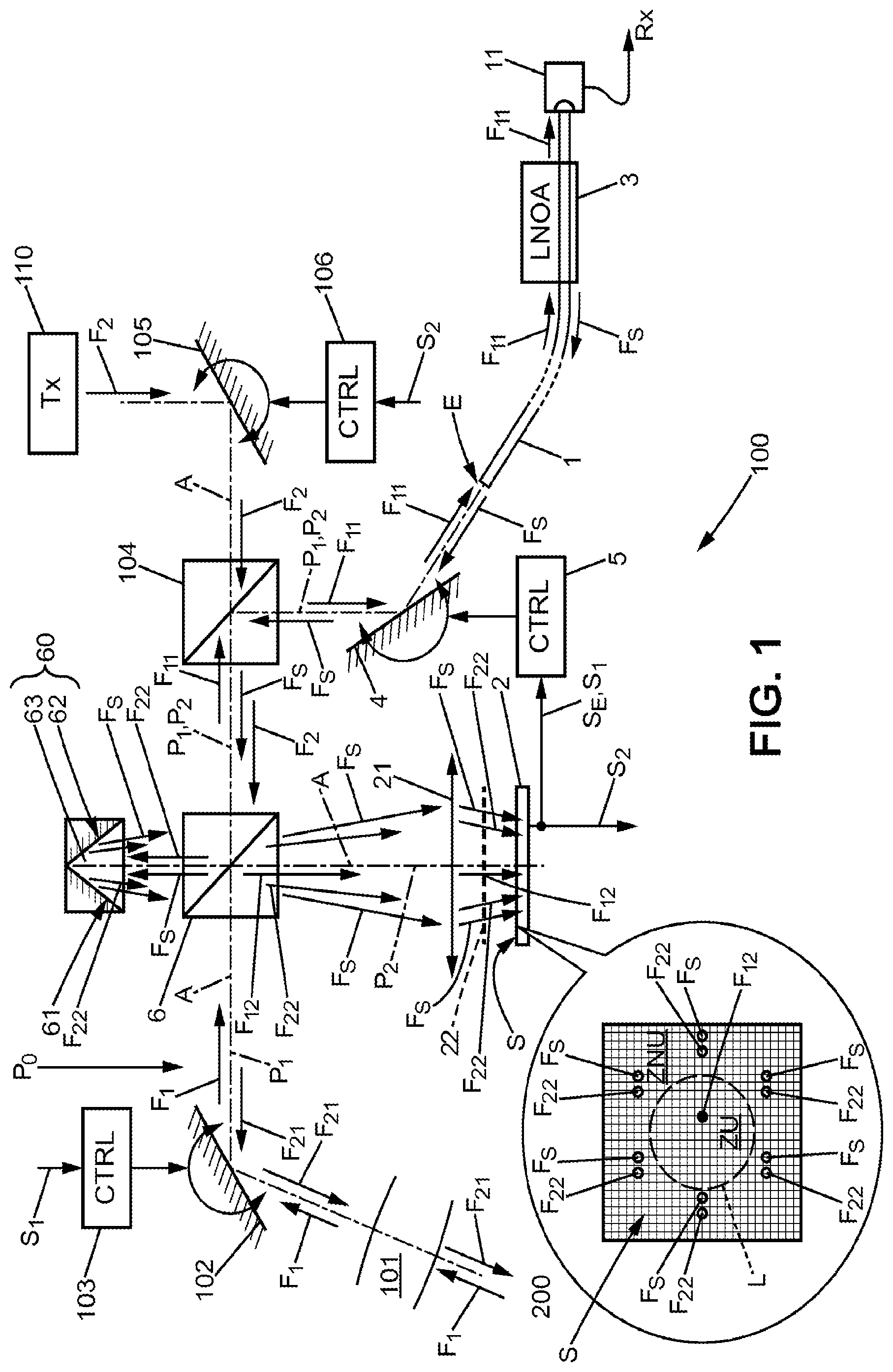 Patent US11777600 Figure 1 – Terminal for optical communication by laser signals