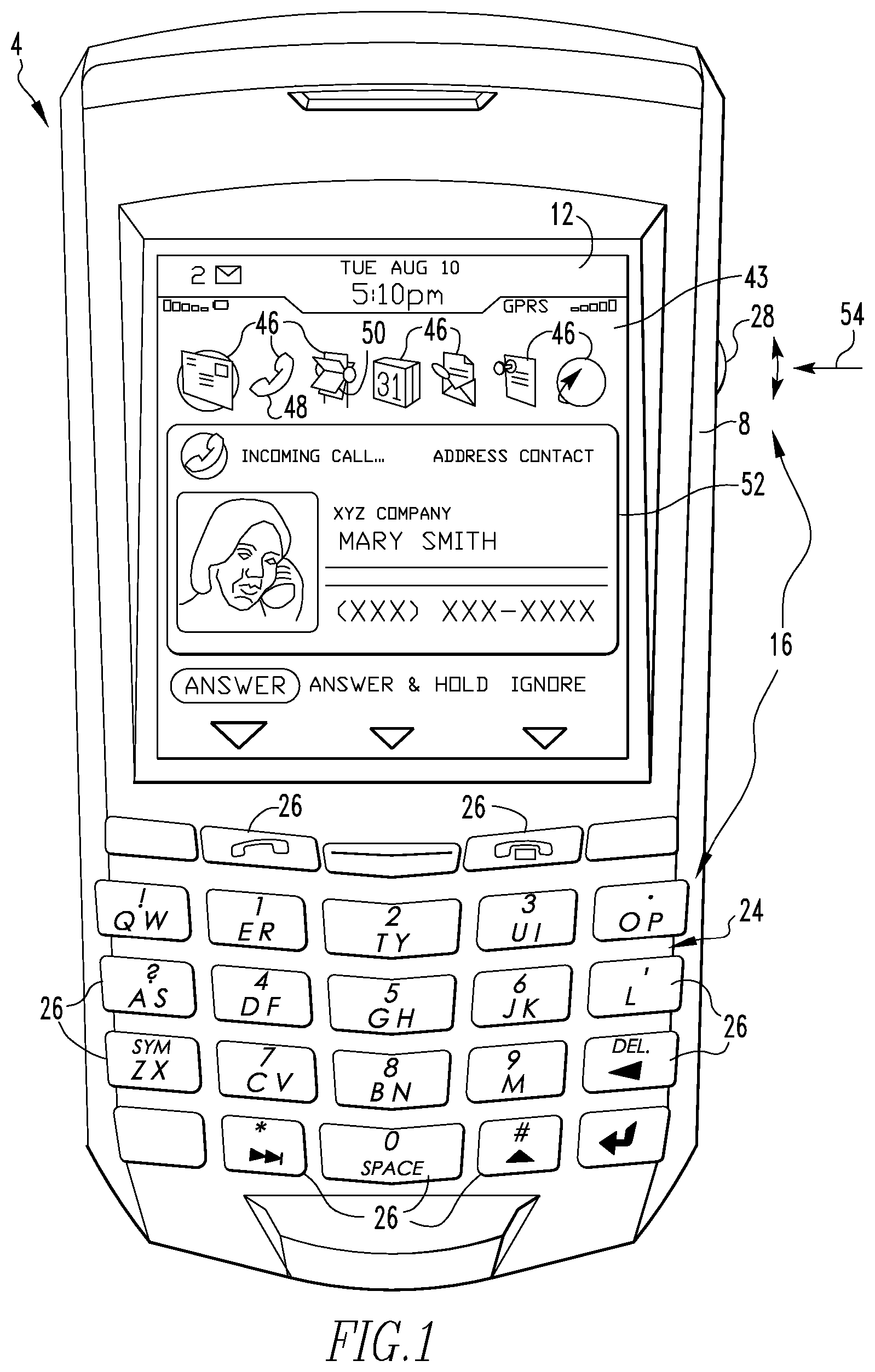 Patent US11778088 Figure 1 – Handheld electronic device having improved phone call log, and associated method