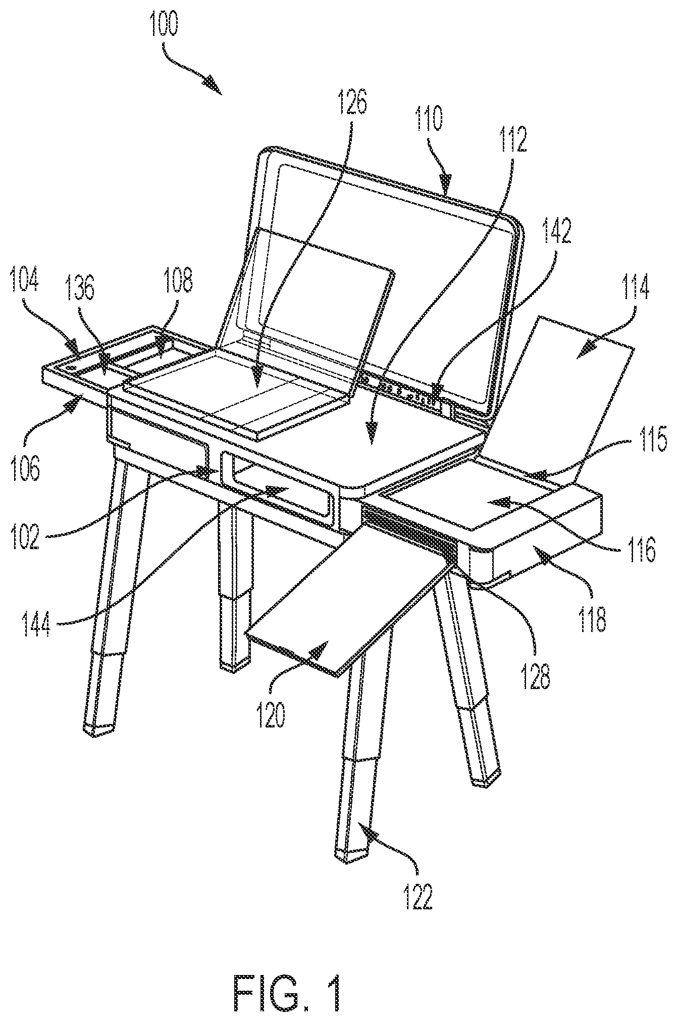 Patent US11778111 Figure 1 – Mobile device with slide-out office equipment