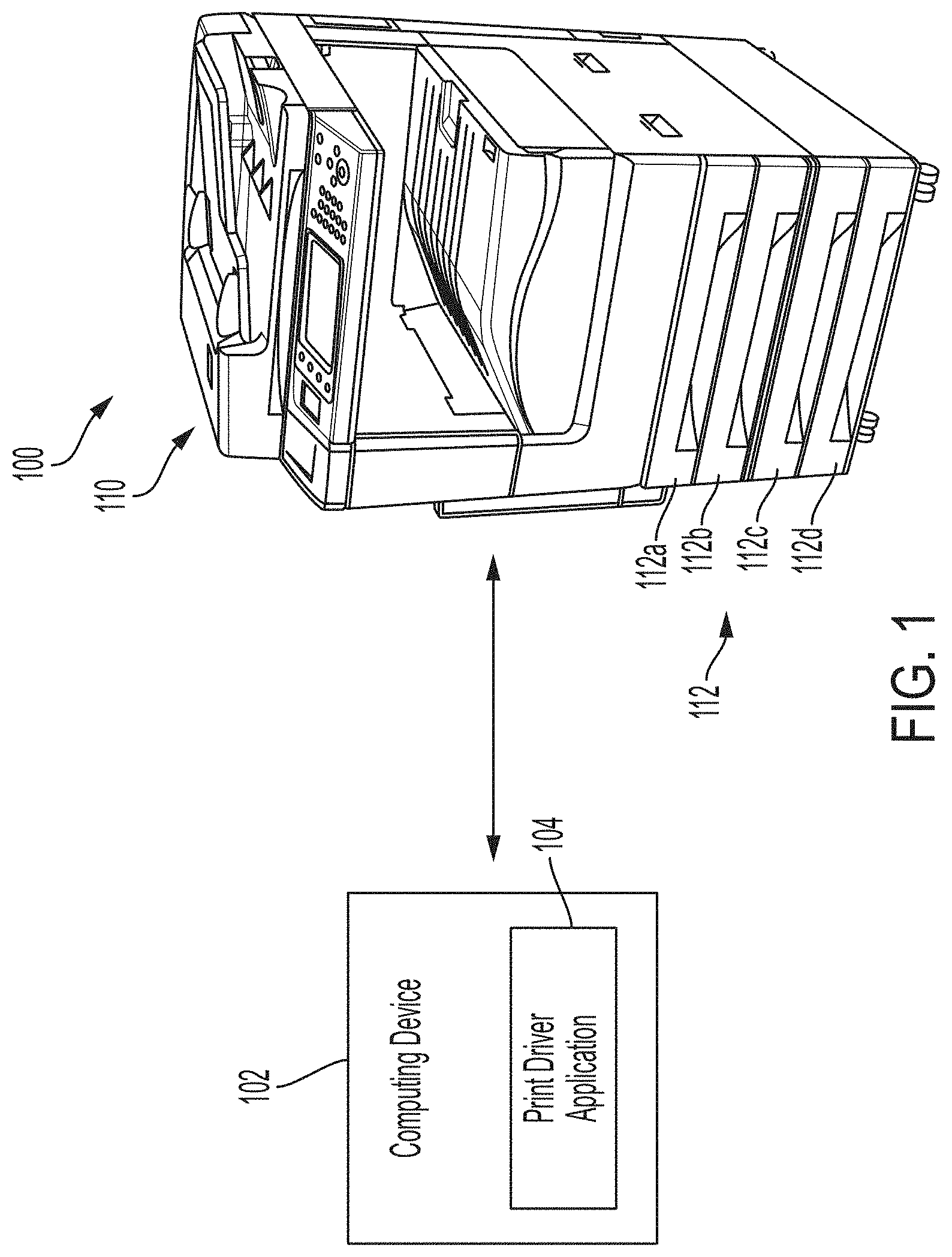 Patent US11778112 — Methods and systems for reserving a tray for special media printing while submitting a document for printing — Figure 1