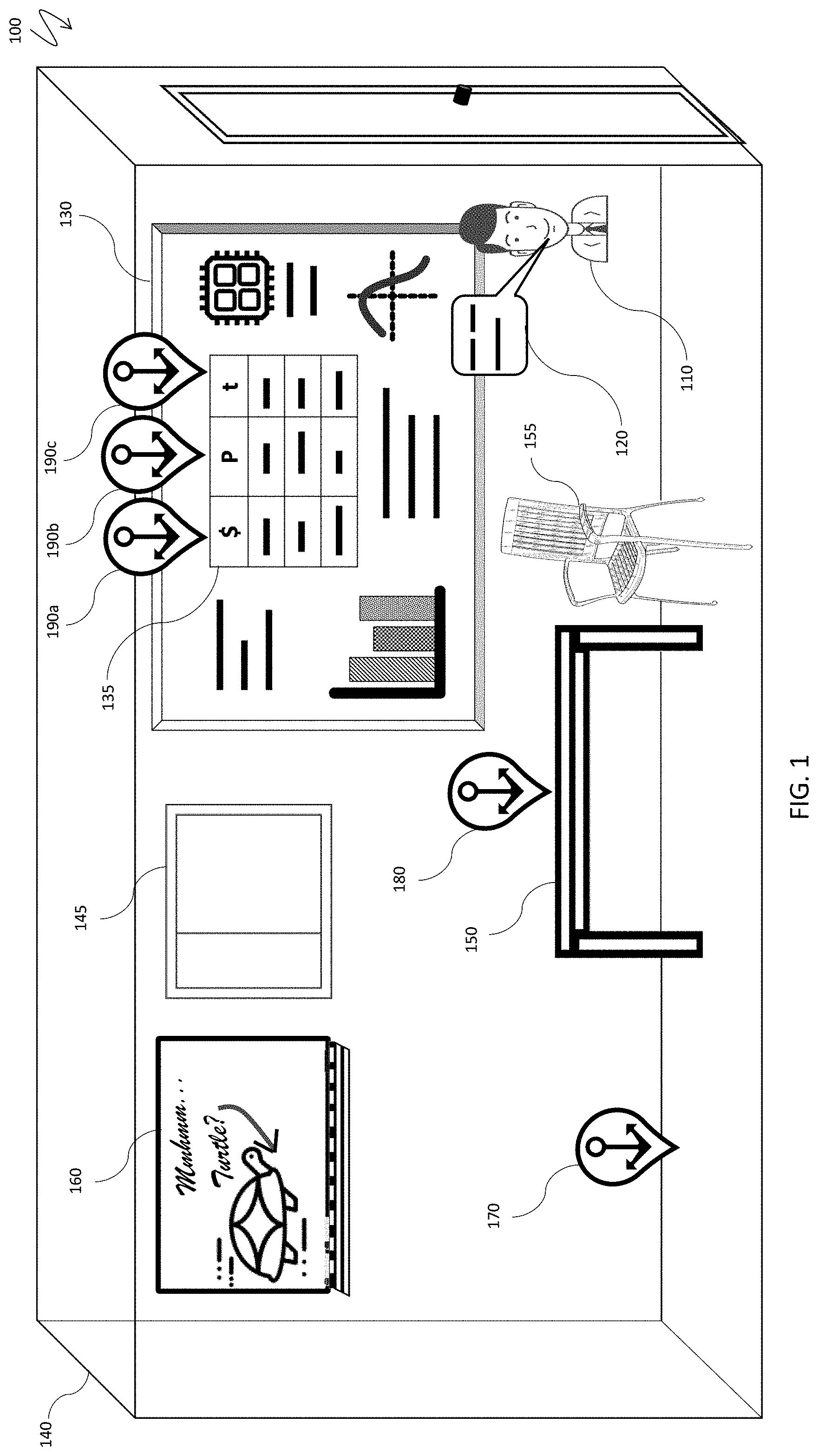 Patent US11778143 — Interactive objects, anchors, and image search for immersive video conference spaces with shared virtual channels — Figure 1