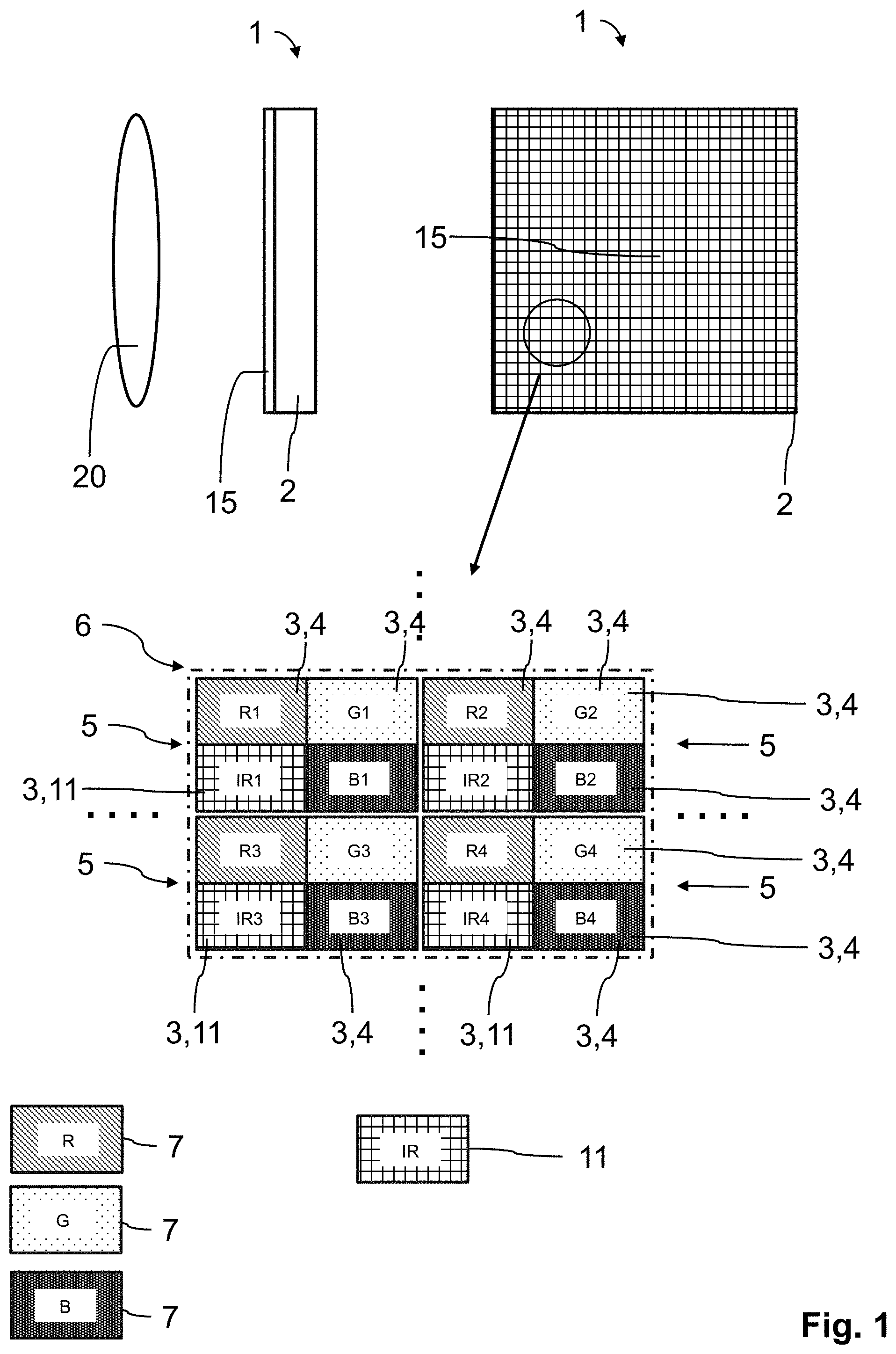 Patent US11778288 — Sensor array, method for calculating a color image and a hyperspectral image, method for carrying out a white balance and use of the sensor array in medical imaging — Figure 1