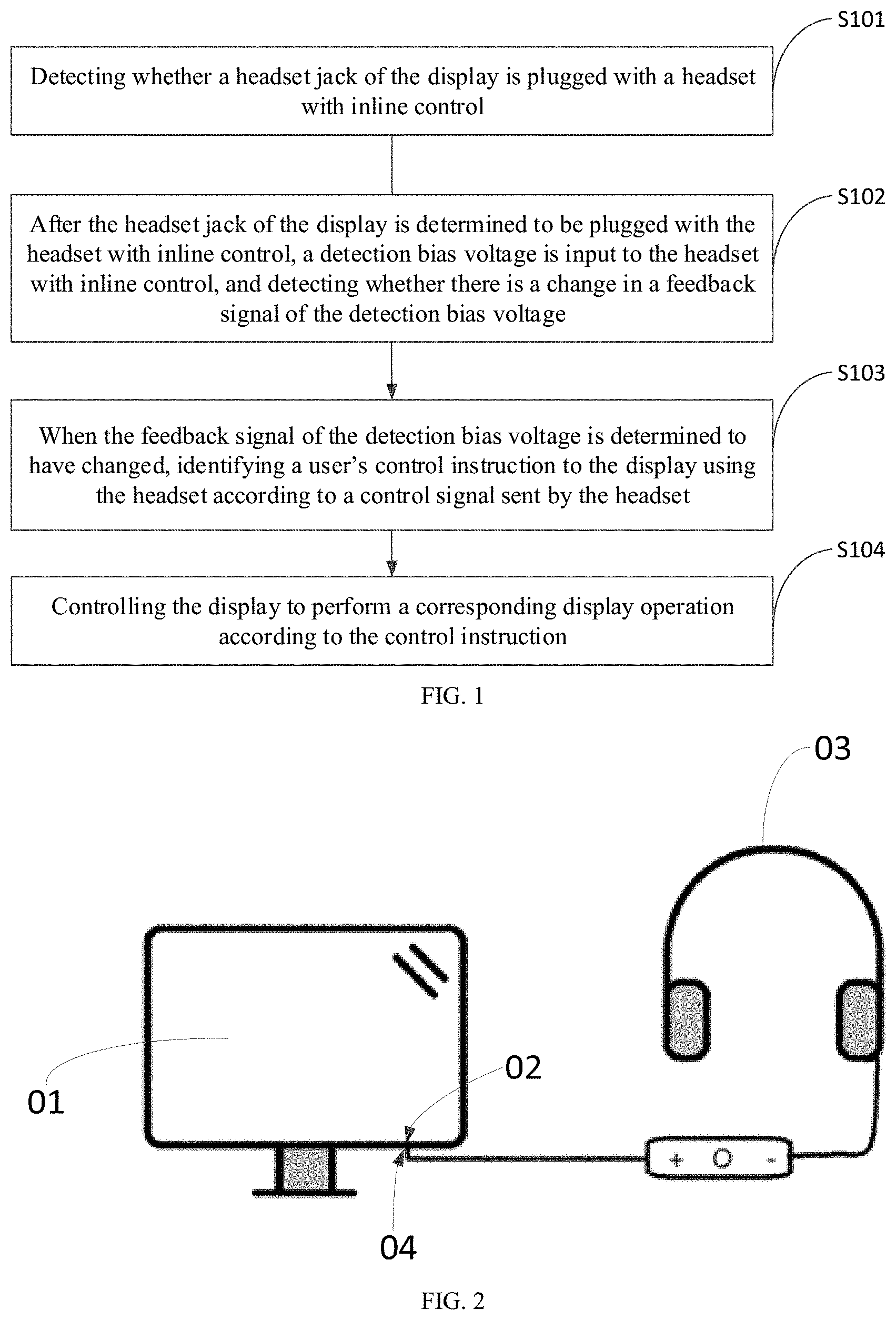 Patent US11778362 — Method of controlling display by headset with inline control, and related devices — Figure 1