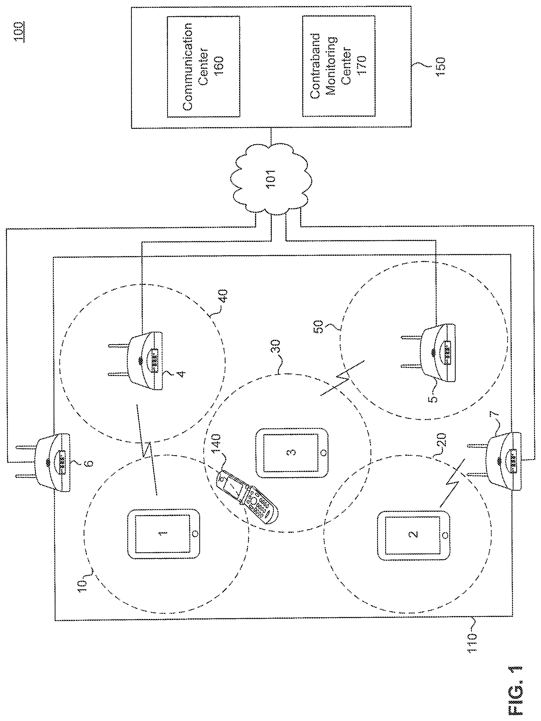 Patent US11778417 — System and method for detecting and locating contraband devices in a secure environment — Figure 1