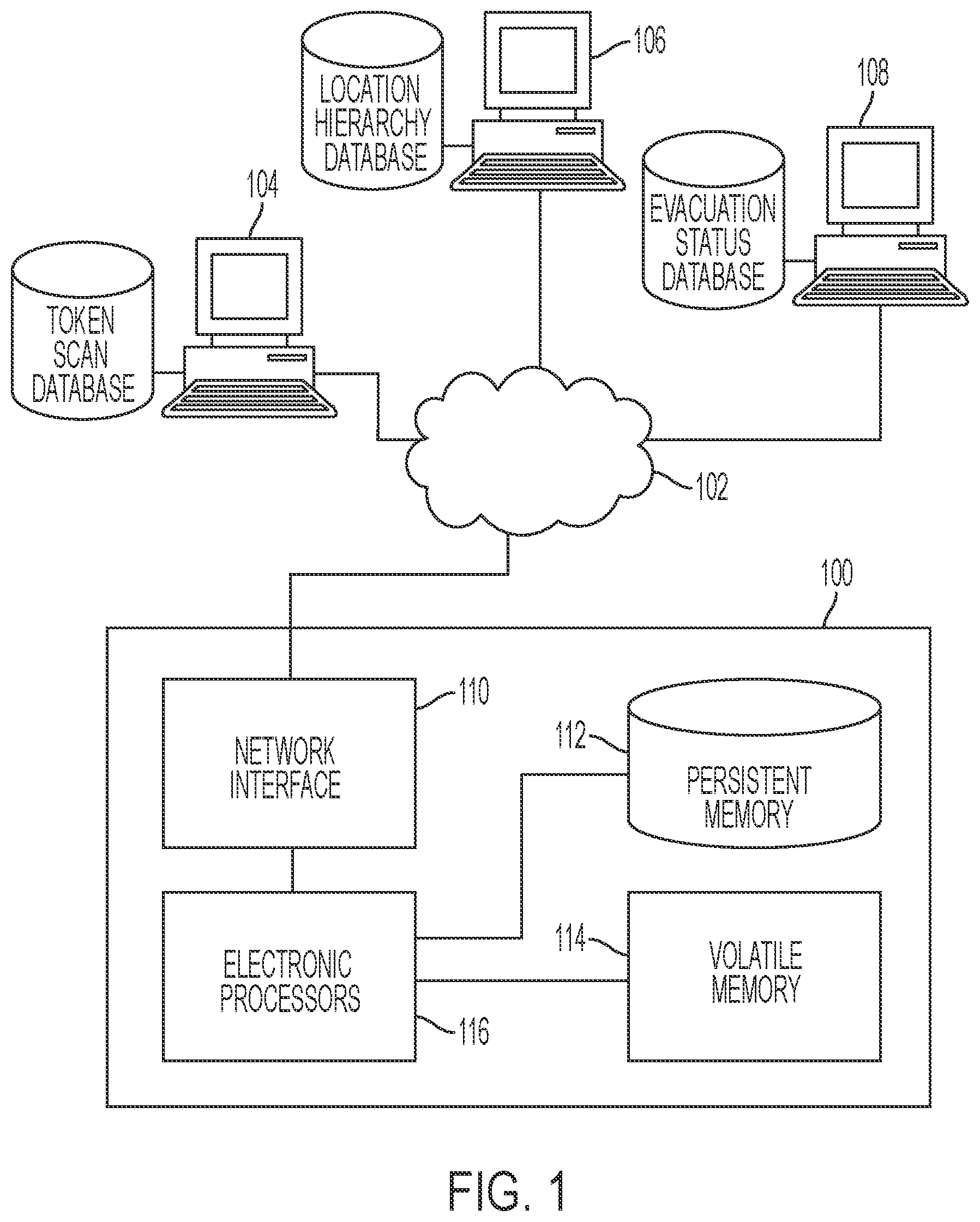 Patent US11778424 — Evacuation tracking — Figure 1