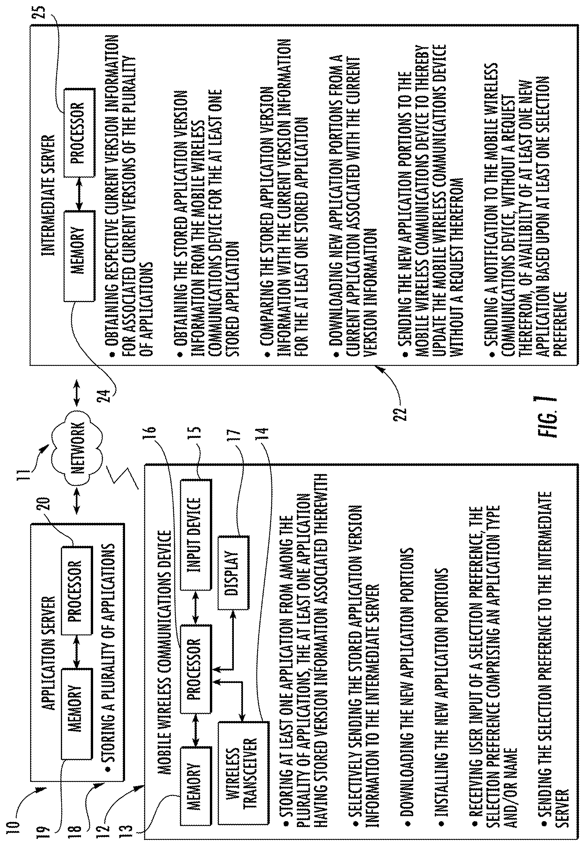 Patent US11778438 — Server for sending new application portions to mobile wireless communications devices and related methods — Figure 1