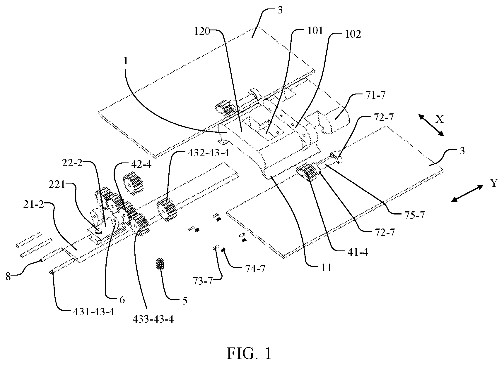 Patent US11778764 — Folding device and display device — Figure 1