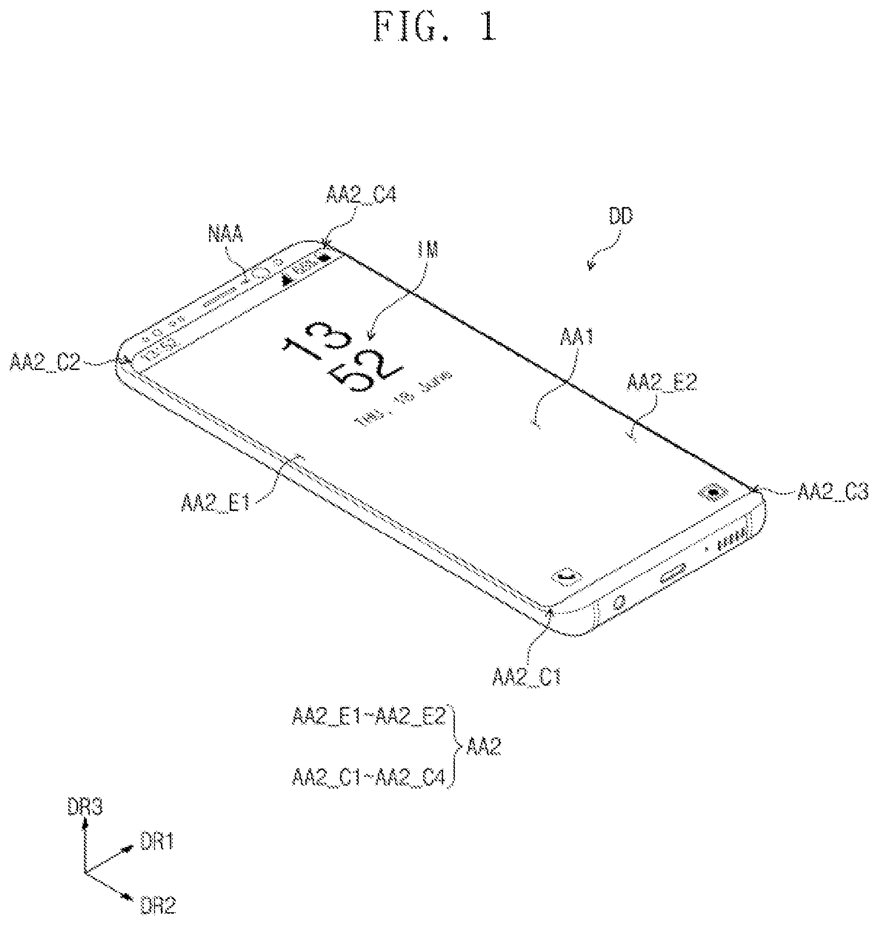 Patent US11778861 — Display panel that includes display area facing front of window, where emission areas of corner display area are placed, and display device including the same — Figure 1