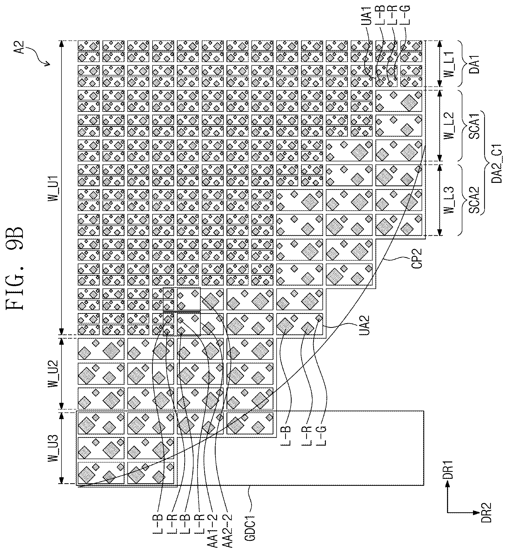 Patent US11778861 Figure 11 – Display panel that includes display area facing front of window, where emission areas of corner display area are placed, and display device including the same
