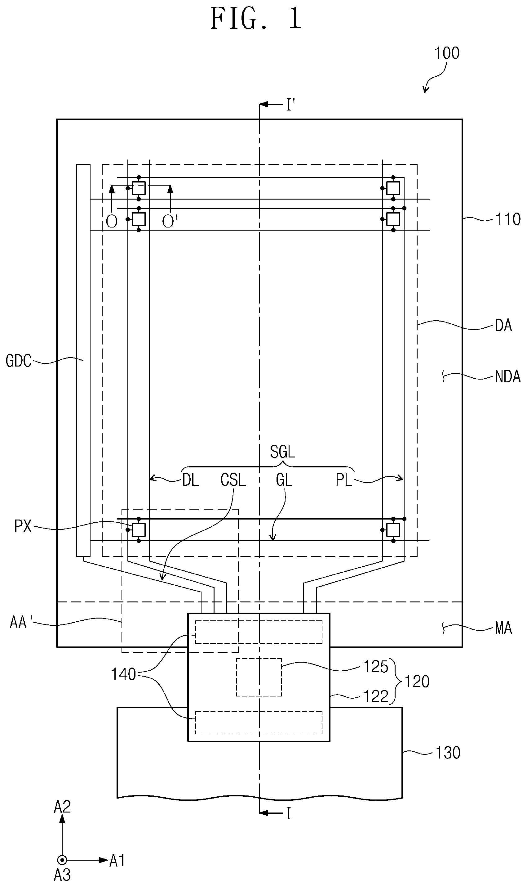 Patent US11778875 — Display panel having inclined edge defined by respective end surfaces of base substrate and insulating layer, and display device including the same — Figure 1