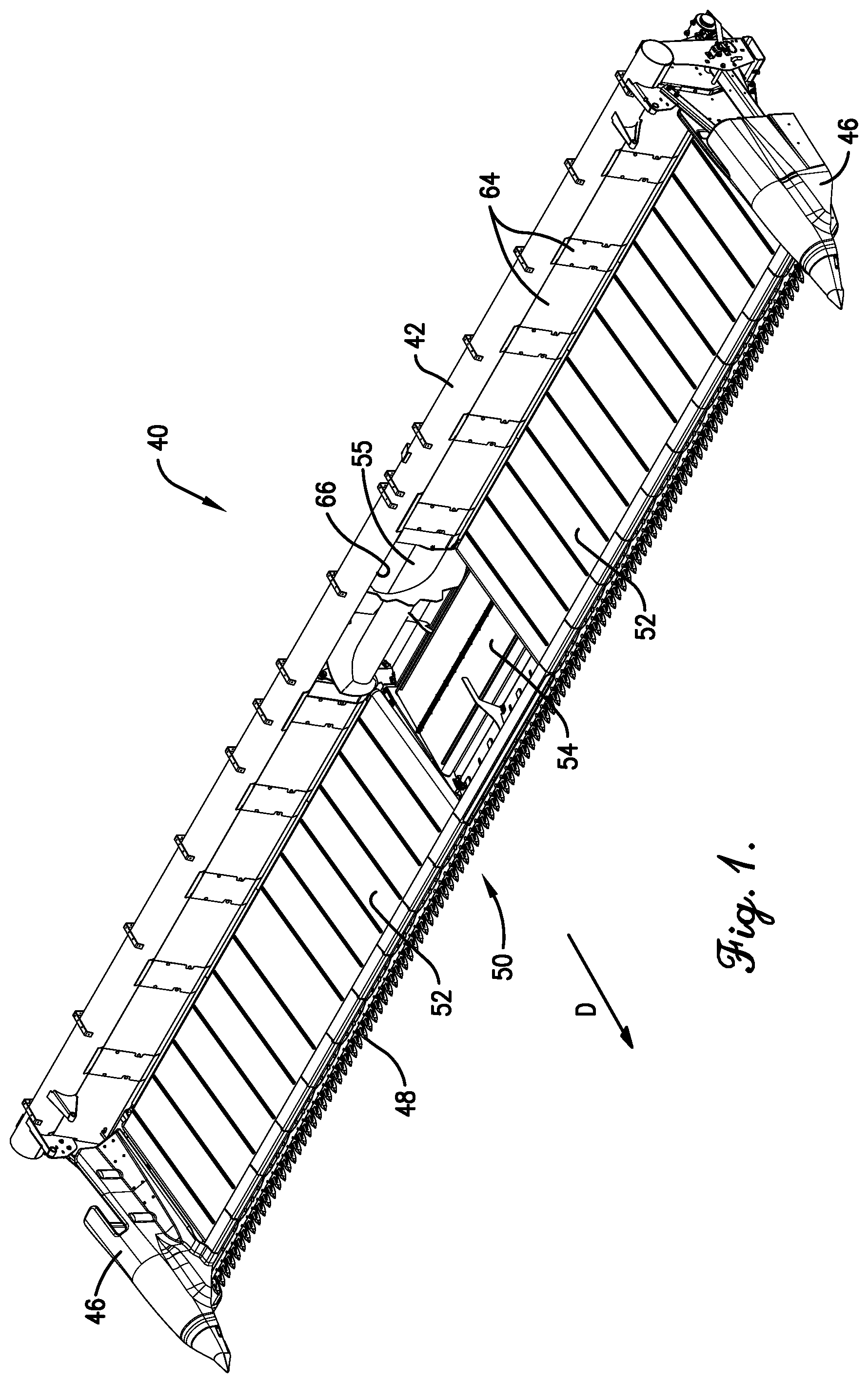 Patent US11778946 Figure 1 – Flexible header with sectional height adjustment