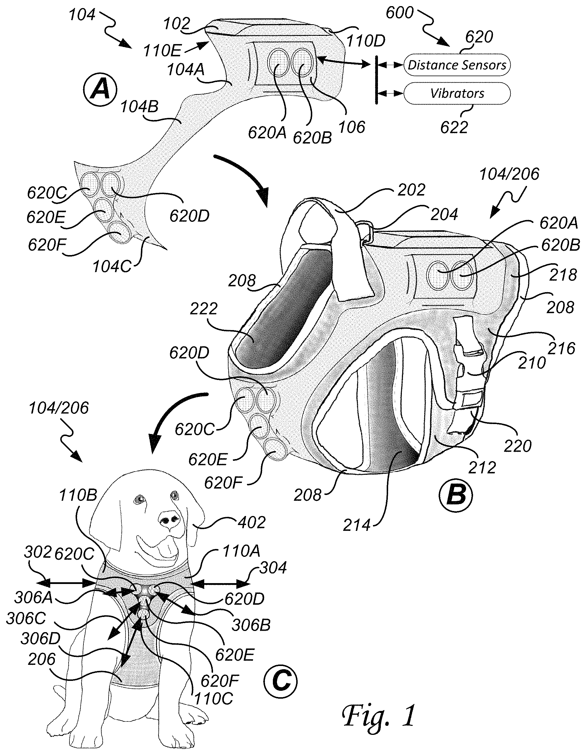 Patent US11778984 — Navigational safety system and method for visually impaired quadrupeds — Figure 1