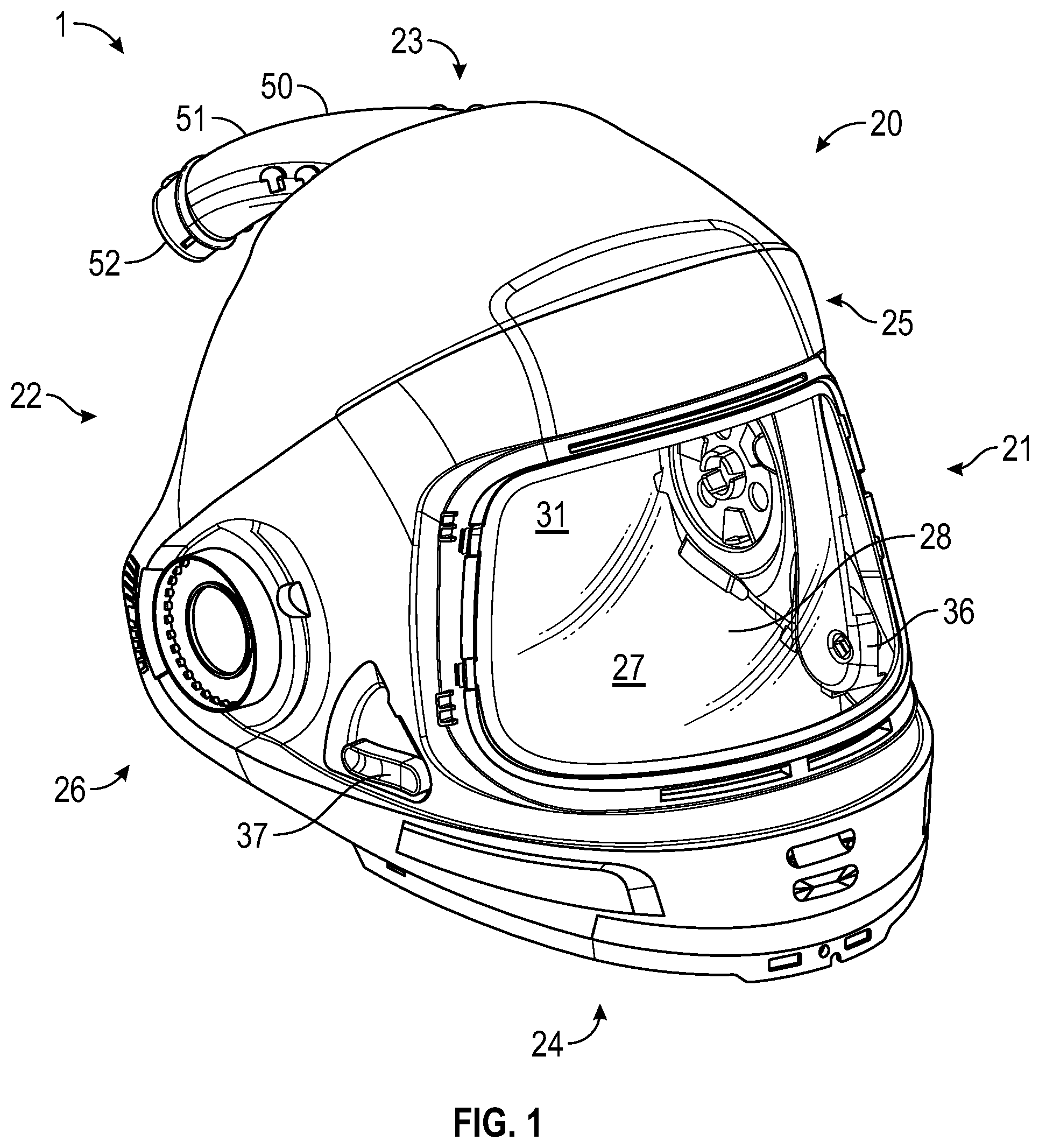 Patent US11779075 — Protective headgear with adjustable air supply — Figure 1