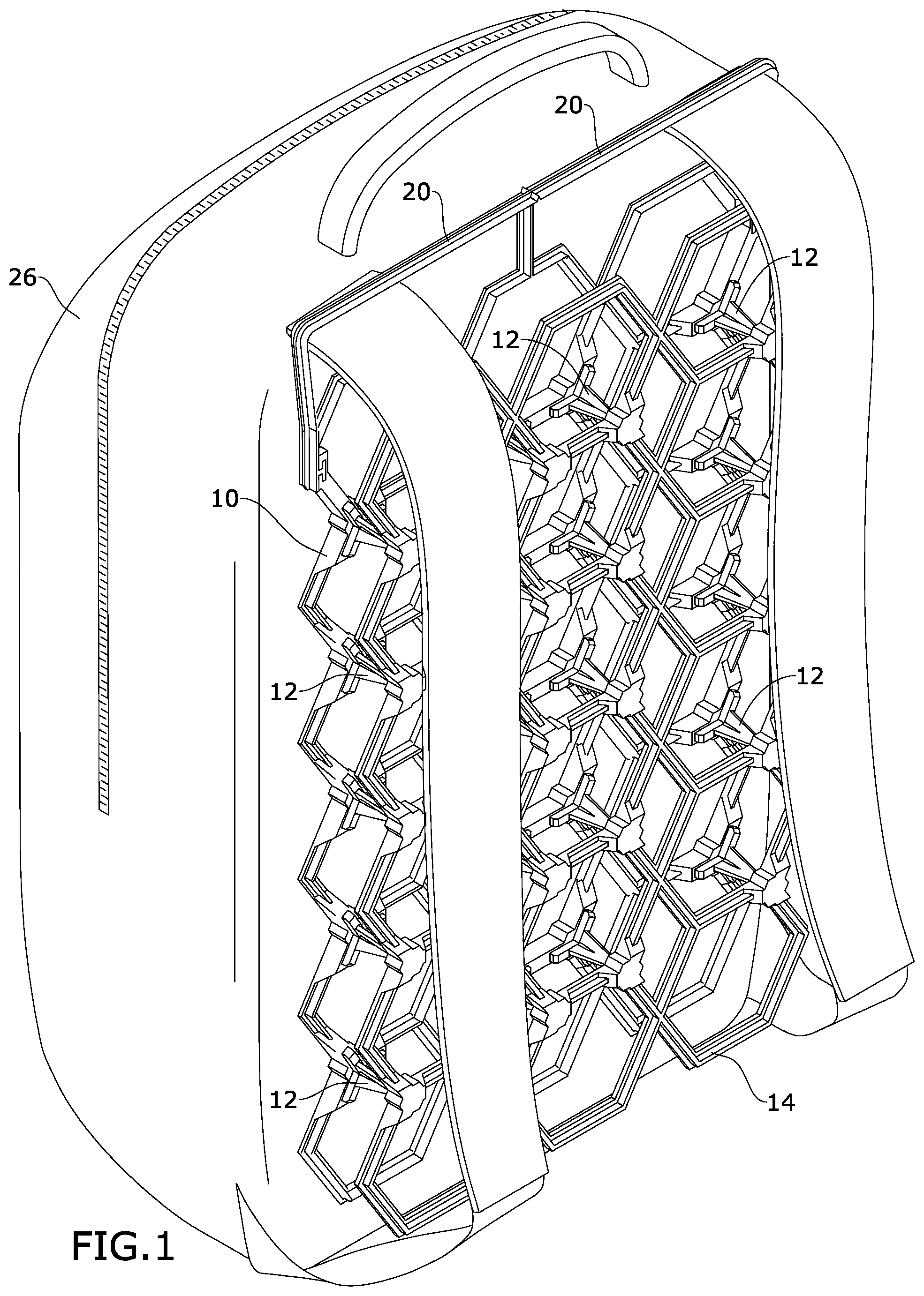 Patent US11779097 Figure 1 – Modular spacer device for airflow between a user and a wearable bag