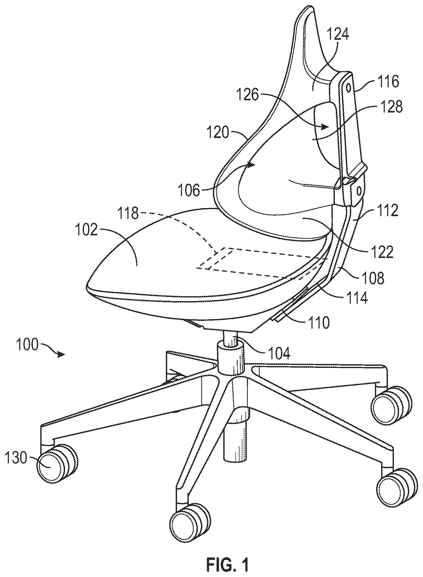 Patent US11779121 — Chair having pliable backrest and methods for same — Figure 1