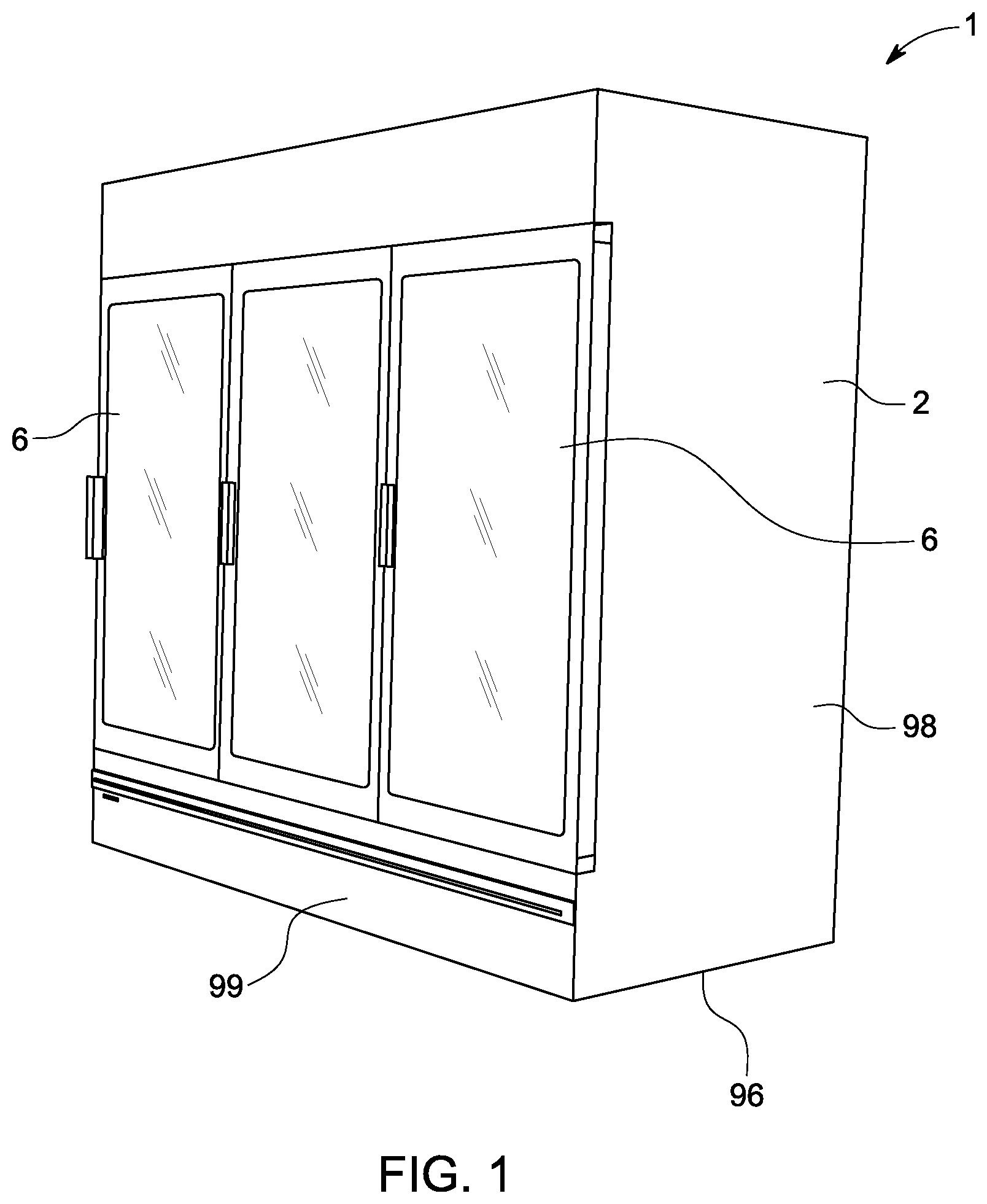 Patent US11779134 Figure 1 – Door arrangement for refrigerated merchandising cabinet