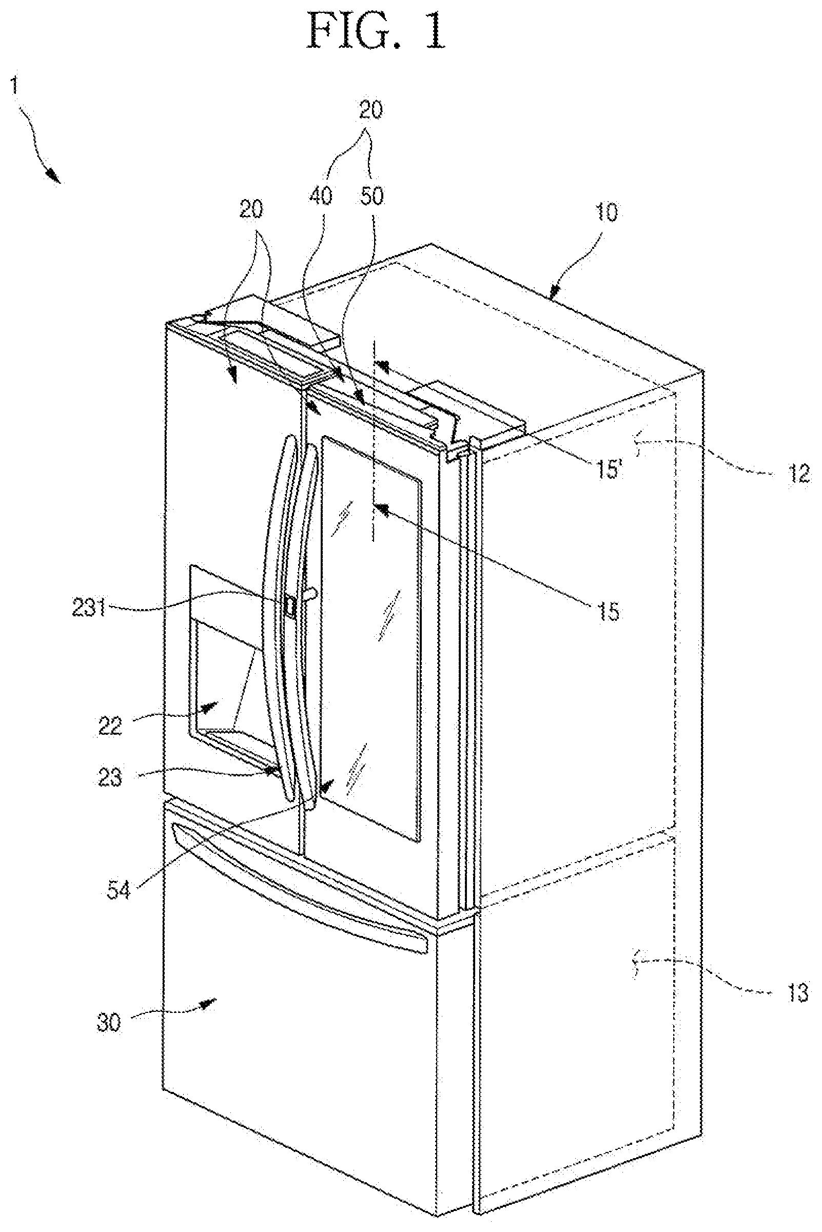Patent US11779135 — Refrigerator having panel assembly covering opening of outer plate of door — Figure 1