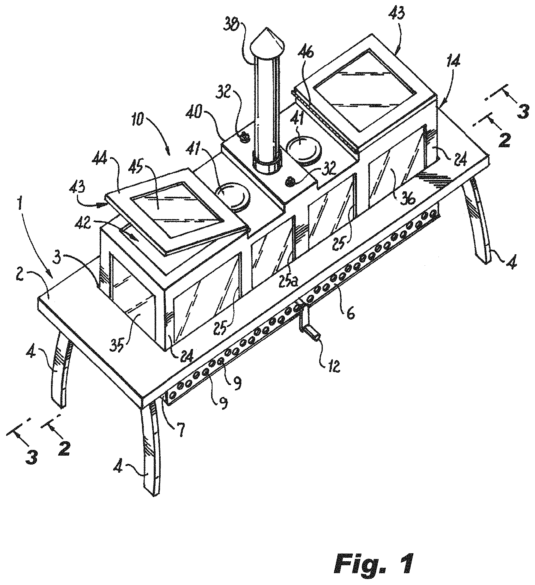 Patent US11779153 — Heating table with adjustable-height grill — Figure 1