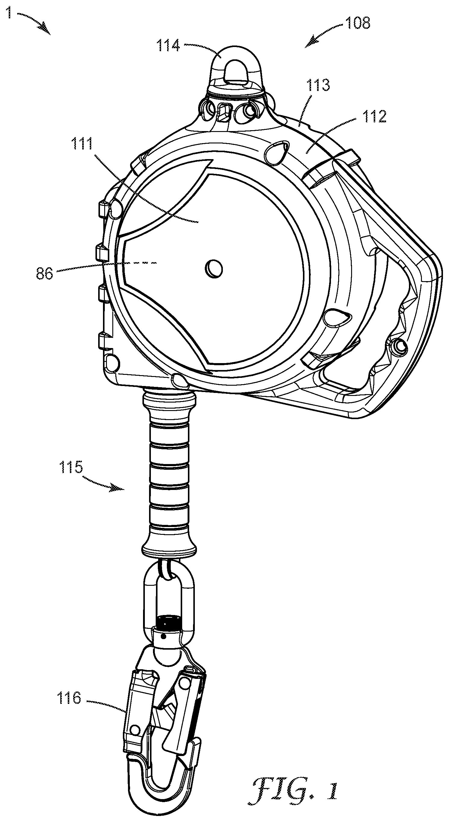 Patent US11779784 Figure 1 – Fall-protection apparatus with braking device comprising flexure-borne pawl and drum-mounted buttress