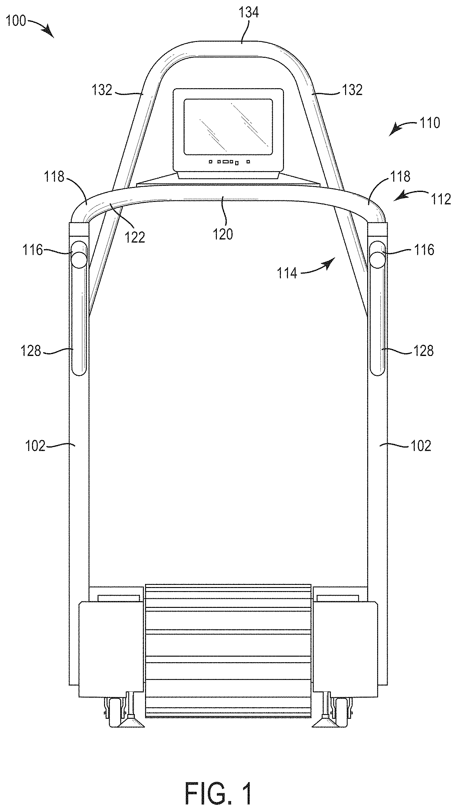 Patent US11779801 — Handrail configuration for a treadmill — Figure 1
