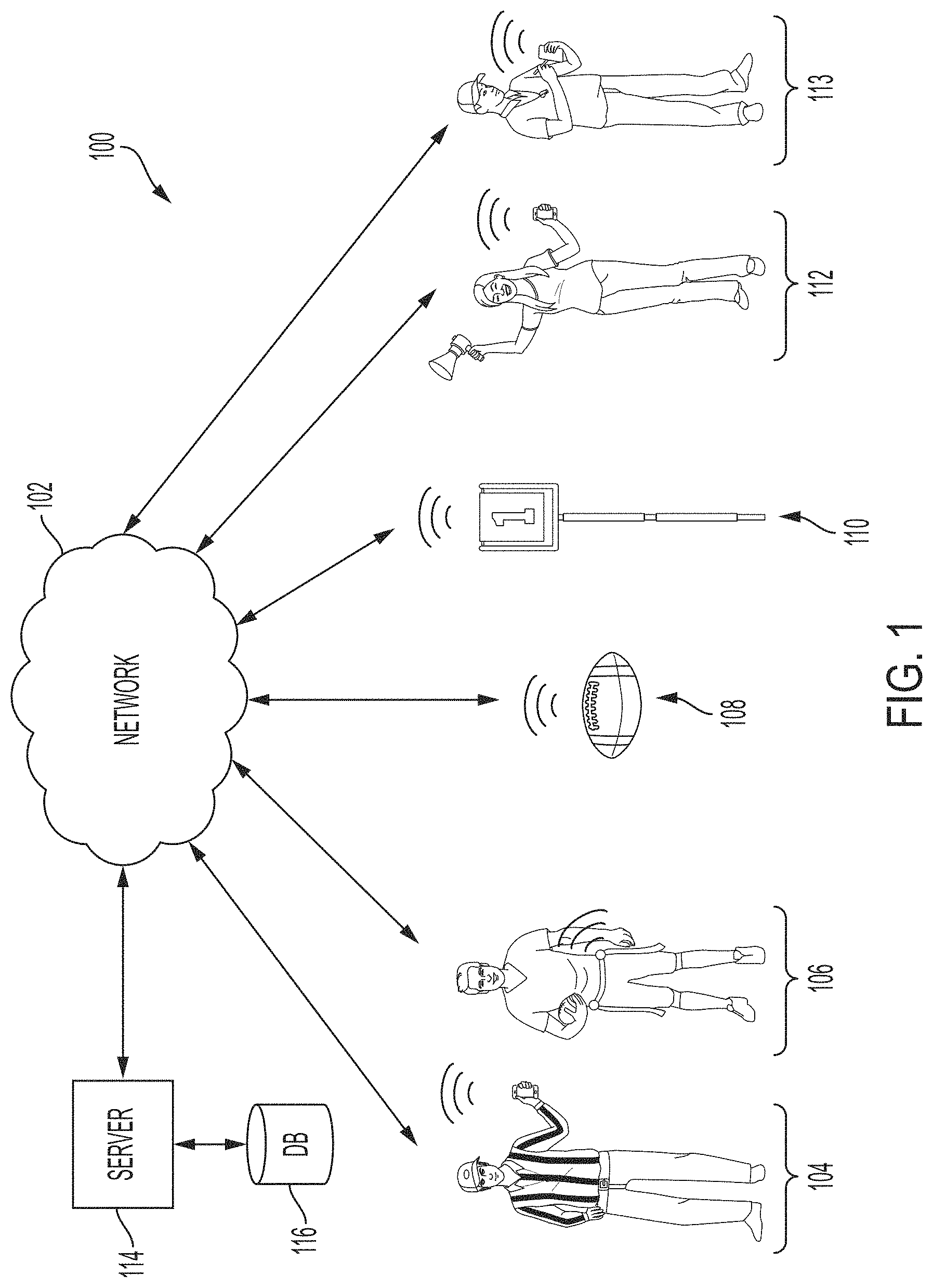 Patent US11779827 — System and user interface for officiating and spectating flag football — Figure 1