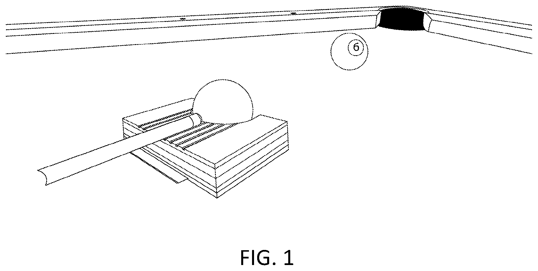Patent US11779832 — Billiard training device to control the cue ball after impacting a target ball — Figure 1