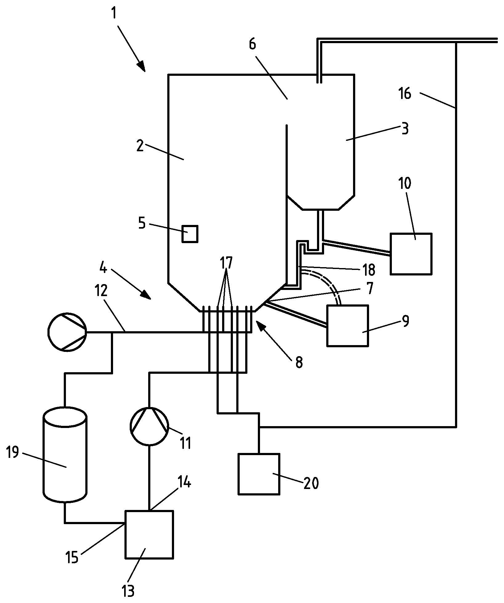 Patent US11779895 Figure 1 – Method for operating a fluidized bed apparatus and fluidized bed apparatus