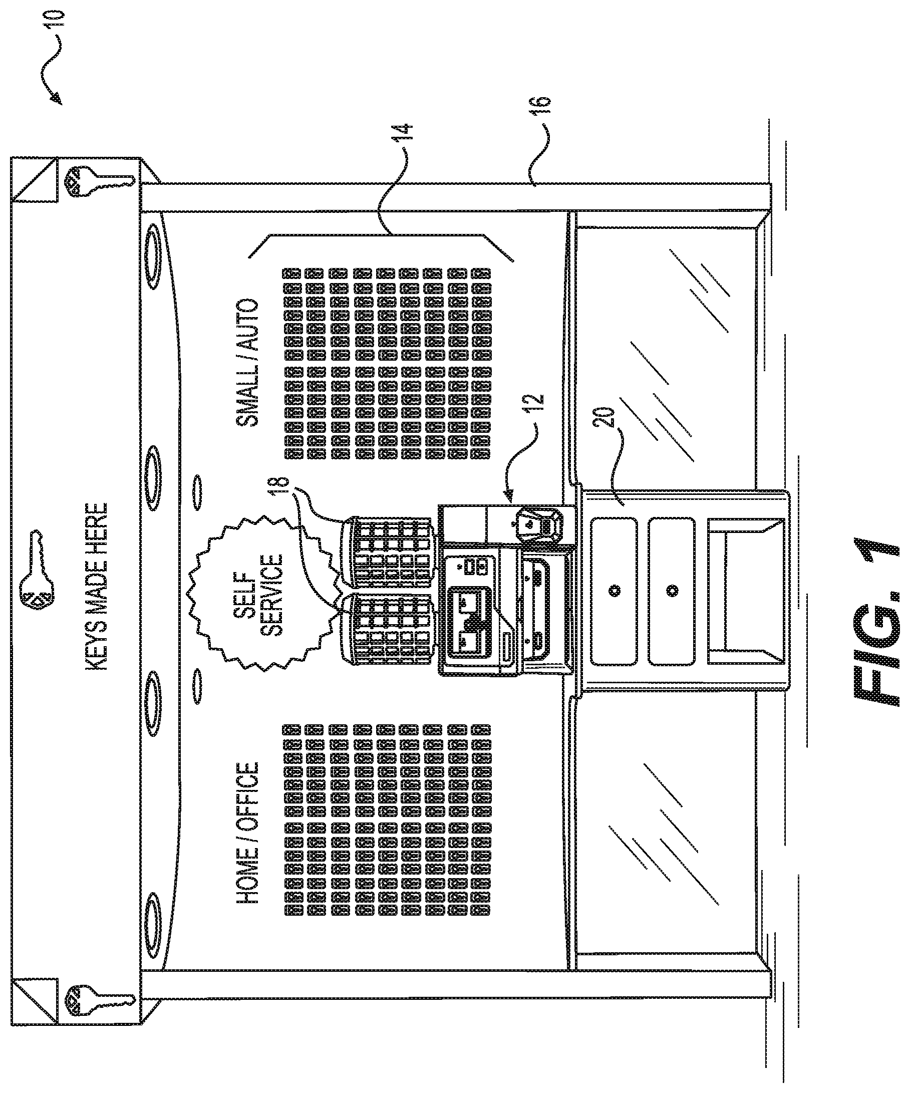 Patent US11780017 Figure 1 – Key duplication machine having user-based functionality
