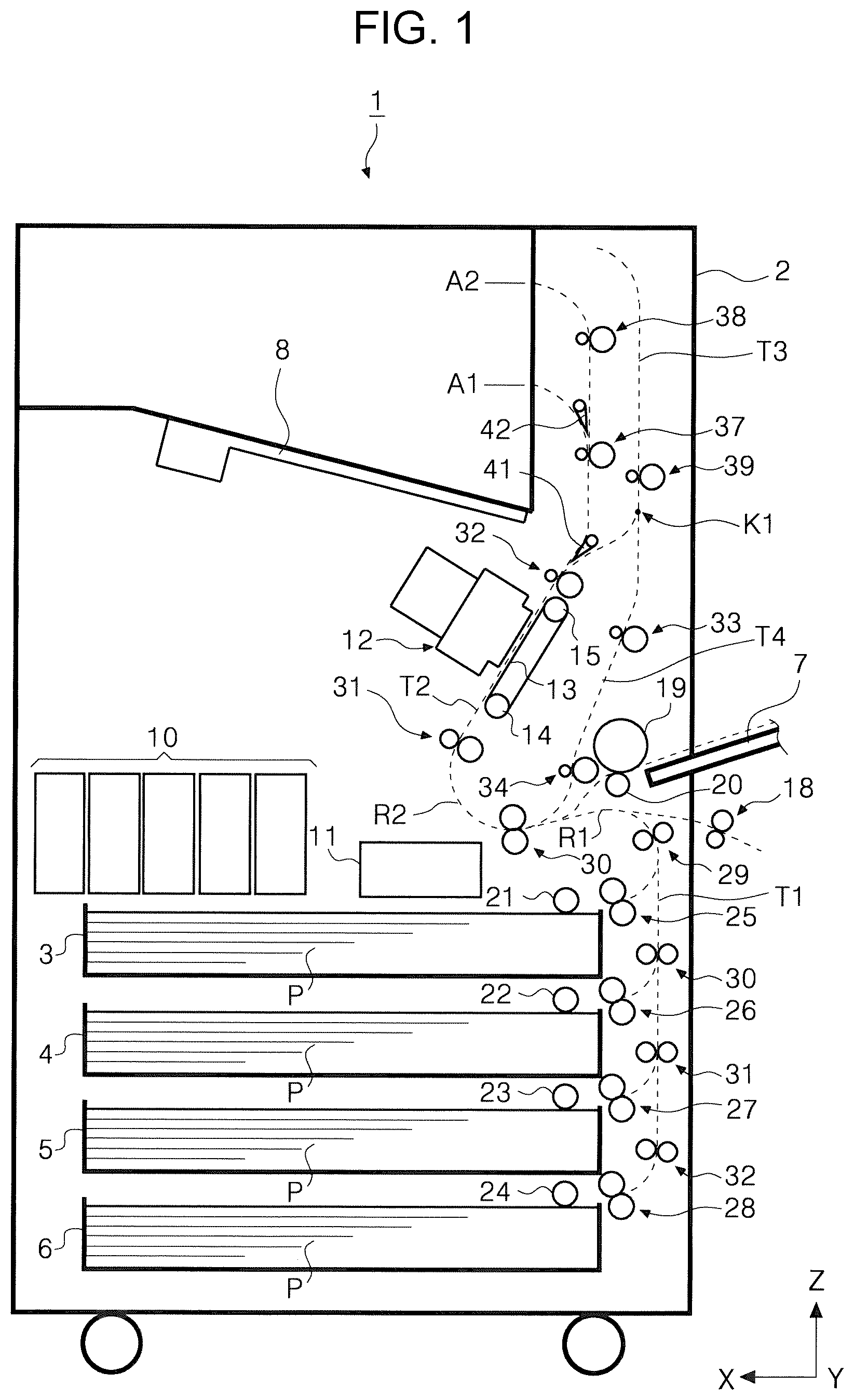 Patent US11780245 — Recording device including a recording-time transport path and reversing path — Figure 1