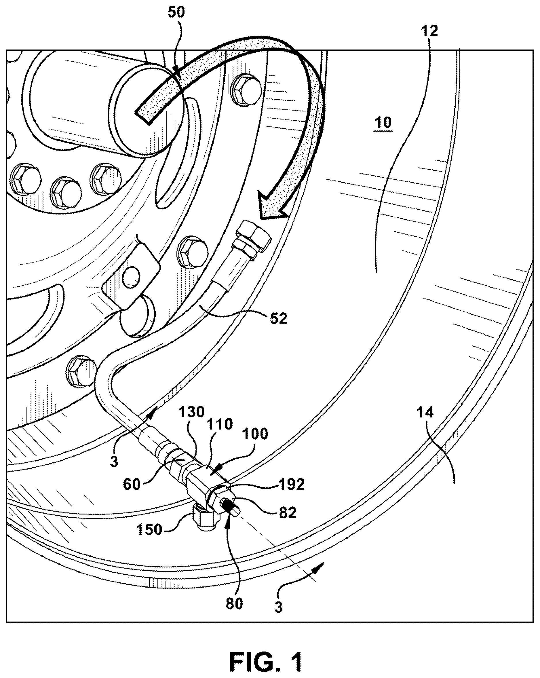 Patent US11780275 — Valve fitting for a tire assembly of a working vehicle equipped with a central tire inflation system (CTIS) — Figure 1