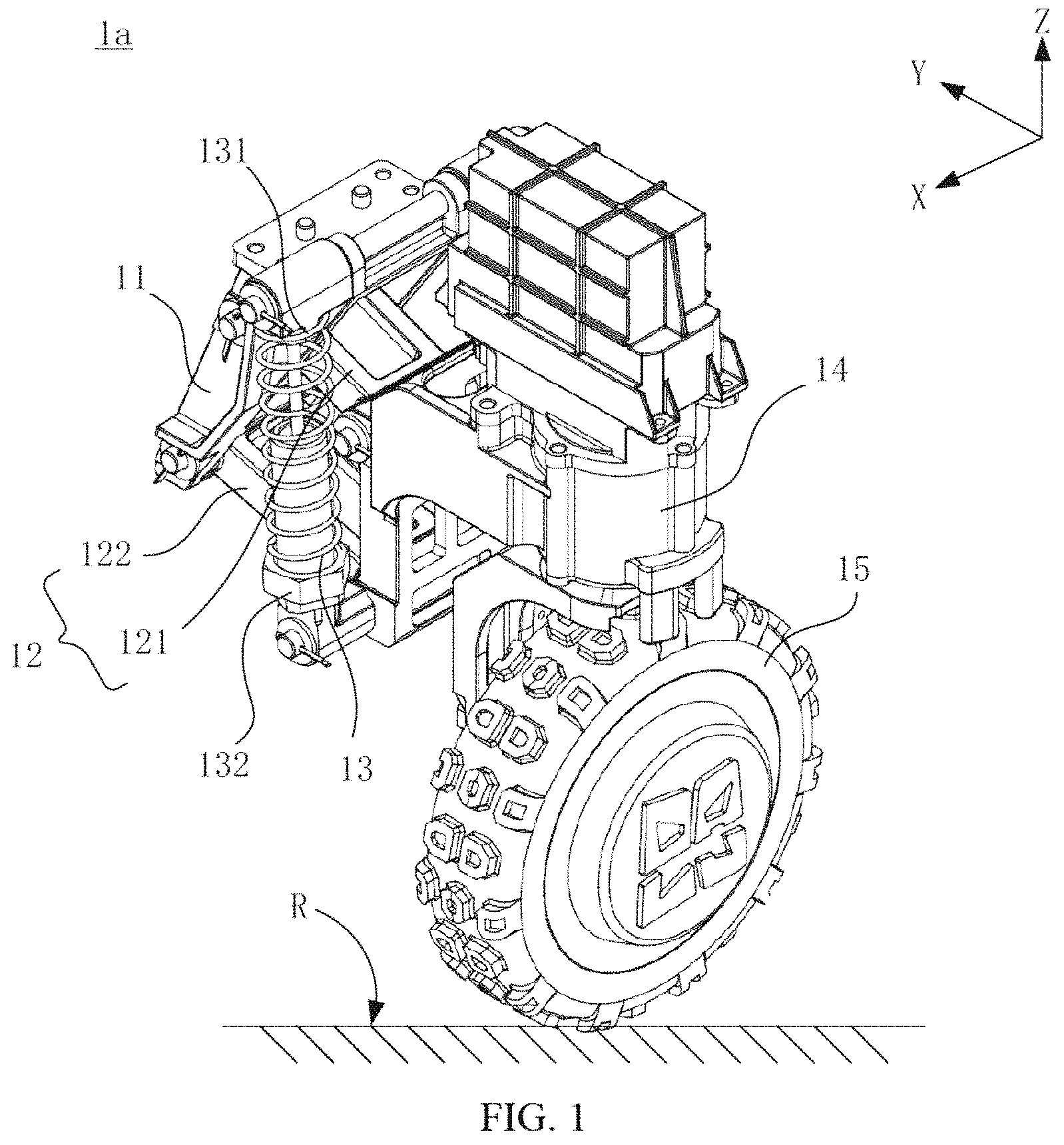 Patent US11780282 — Suspension assembly, suspension damping device and six wheels bionic chassis — Figure 1