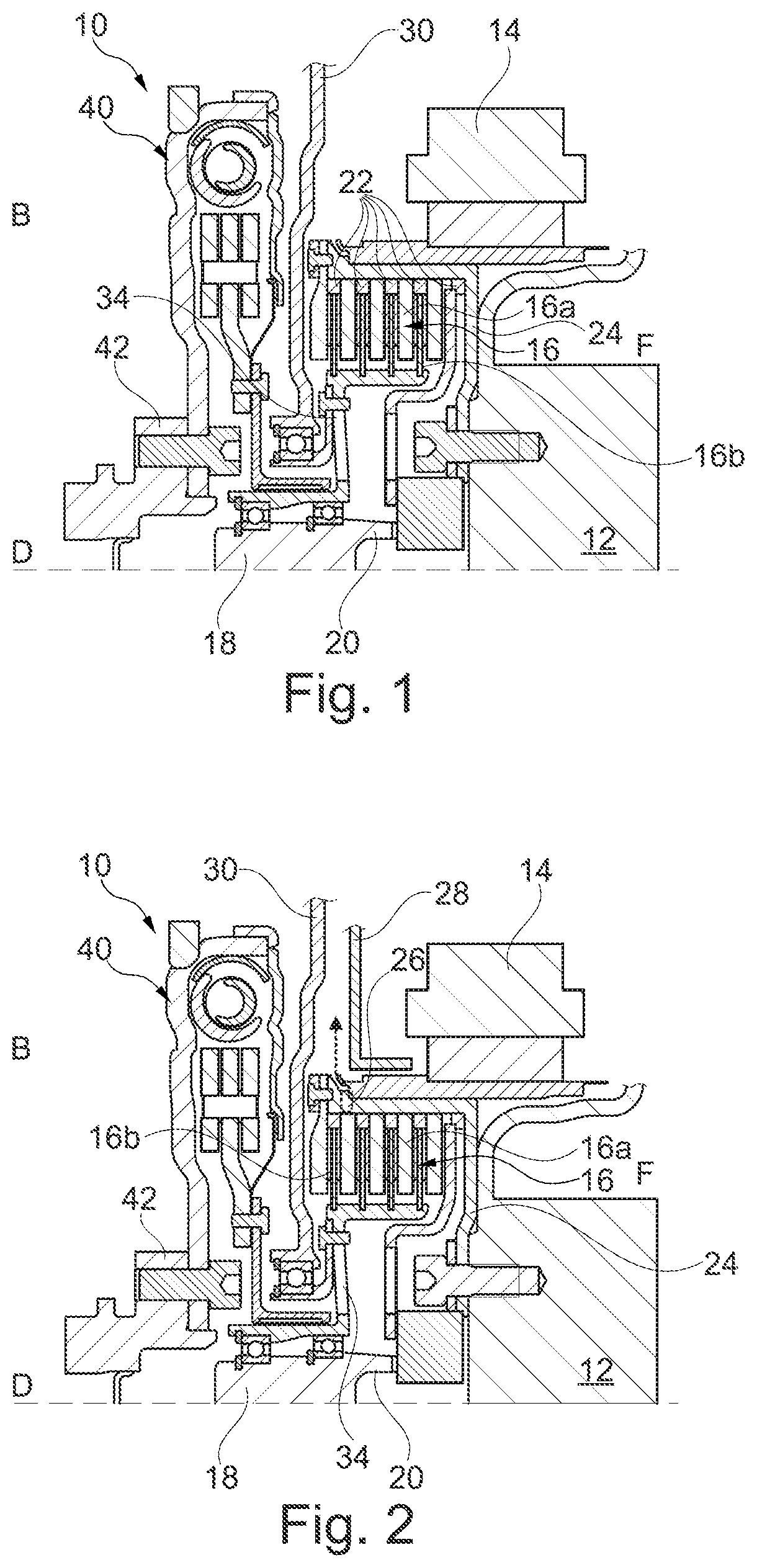 Patent US11780316 Figure 1 – Hybrid module having management of wear debris for a dry friction clutch