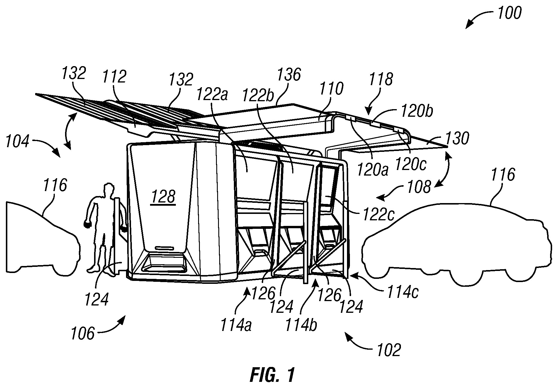 Patent US11780343 Figure 1 – Mobile EV charging station