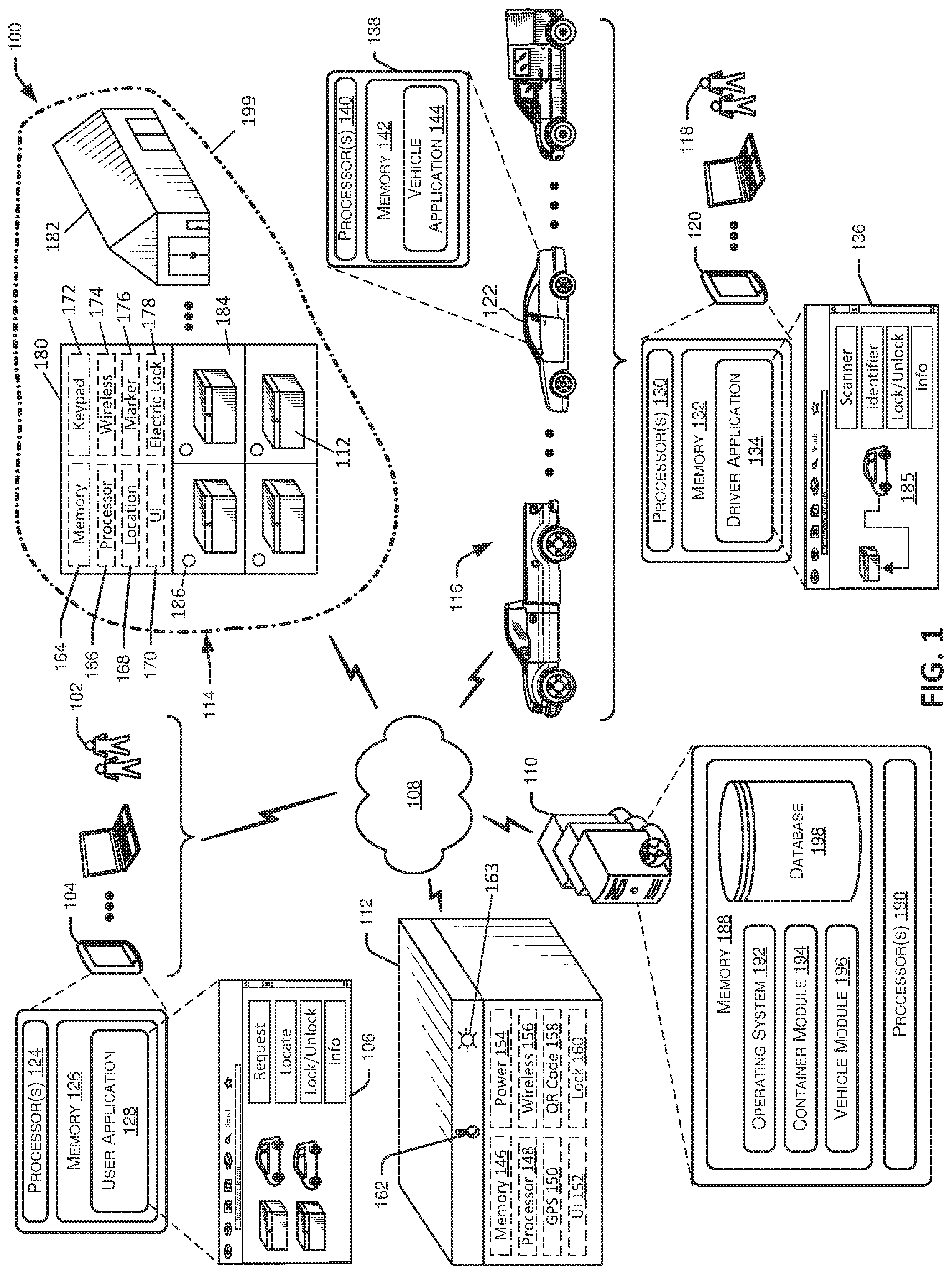 Patent US11780358 — Systems and methods for providing portable containers to users of vehicle services — Figure 1
