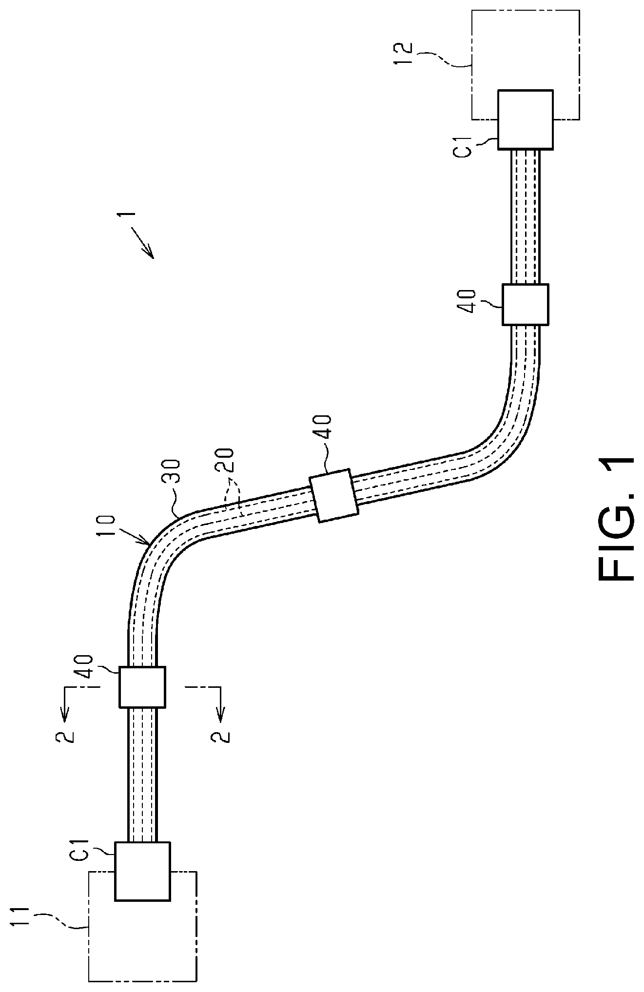 Patent US11780387 Figure 1 – Clamp and clamp-equipped wire harness