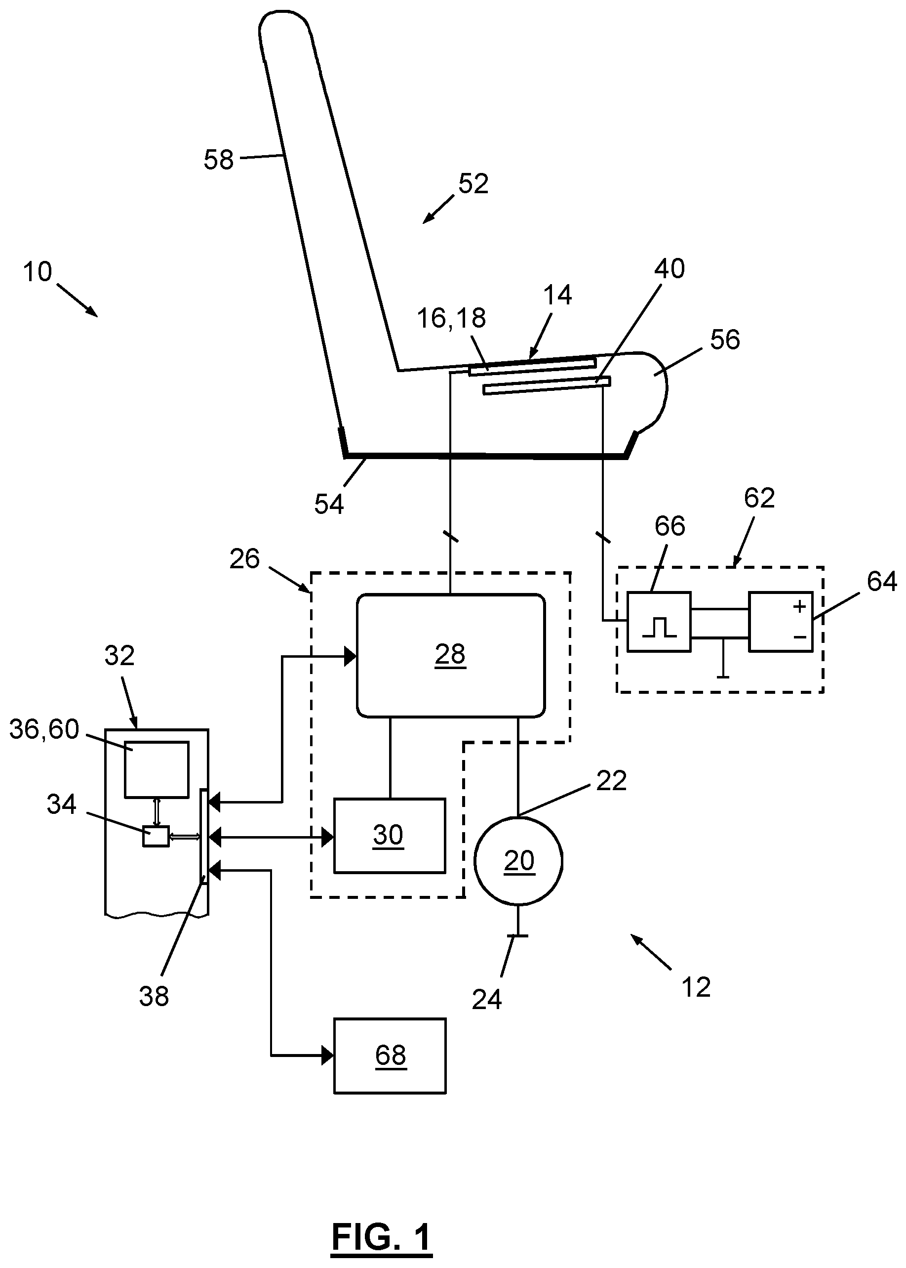 Patent US11780394 Figure 1 – Capacitive detection and/or classification device and operation method for heater member compensation, particularly for automotive application