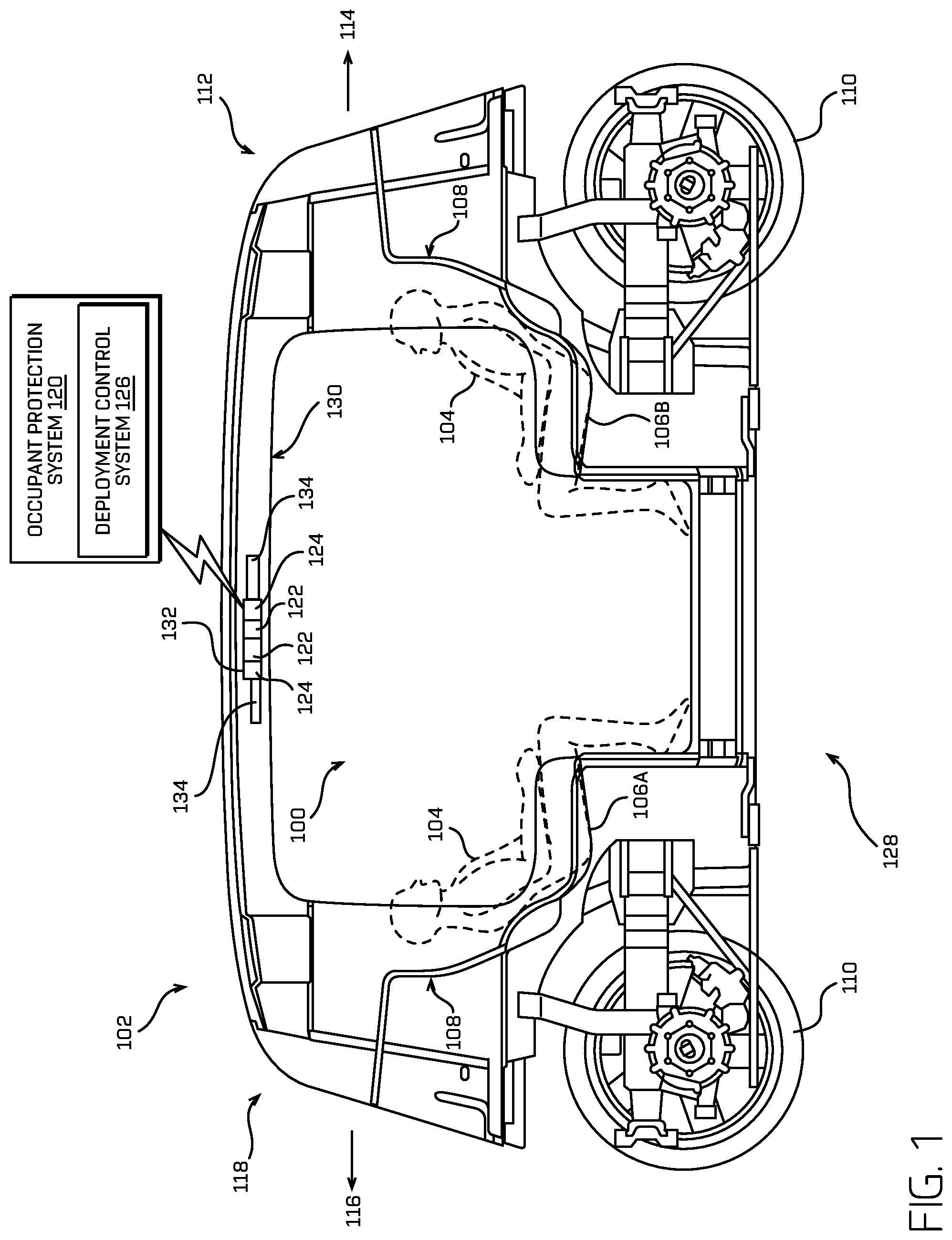 Patent US11780401 — Vehicle occupant protection systems having frictionally engaging tether — Figure 1
