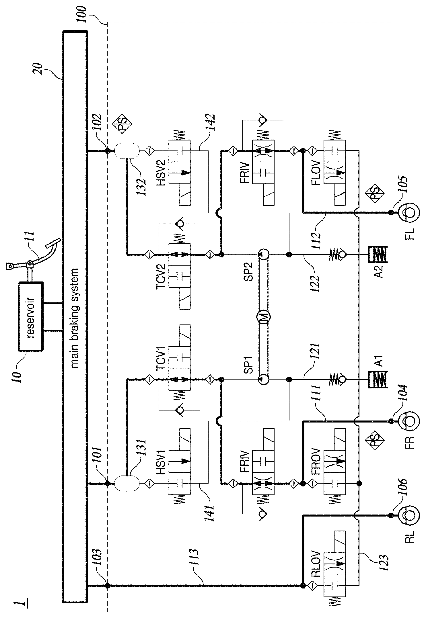 Patent US11780418 — Electro-hydraulic braking system — Figure 1
