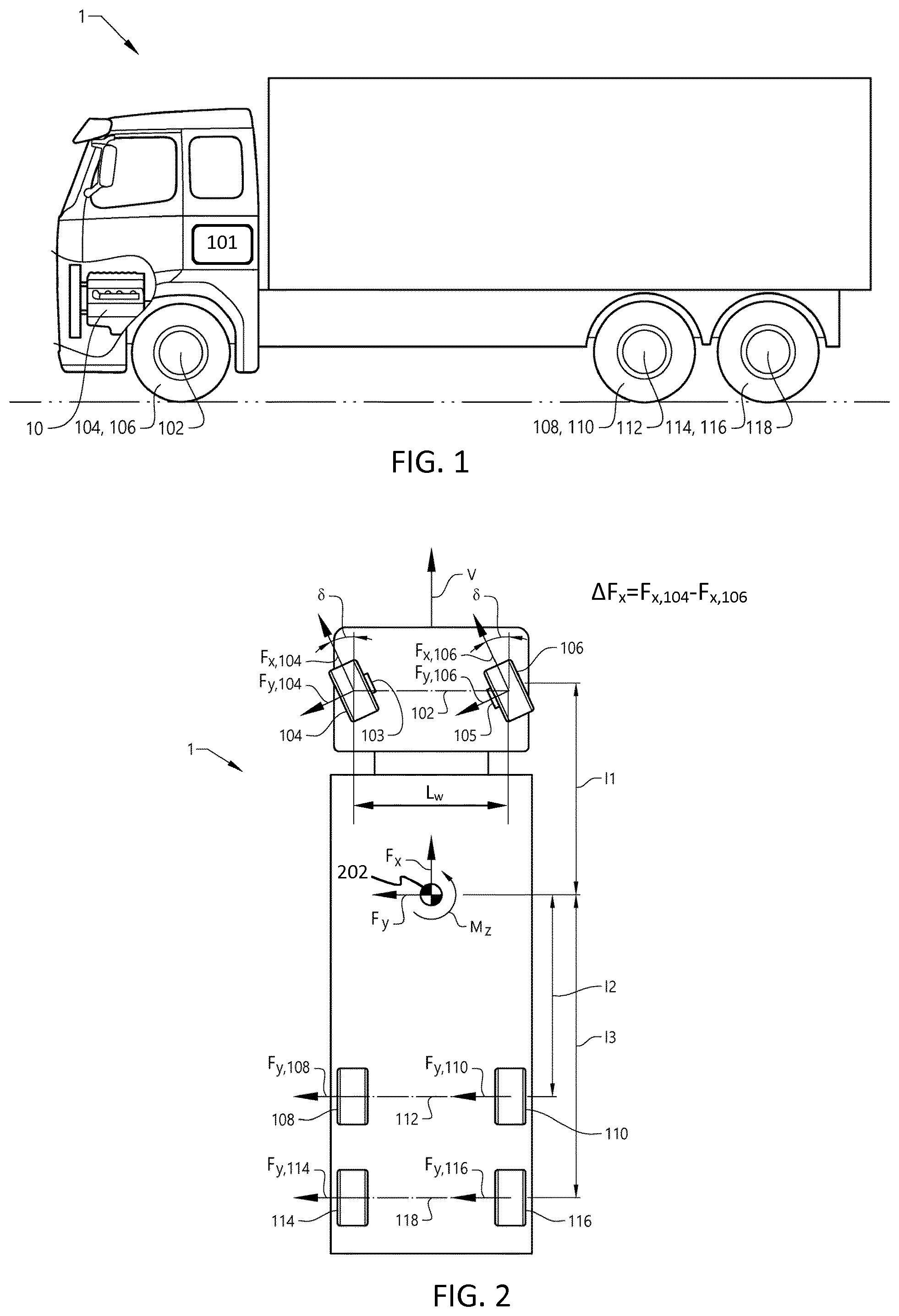 Patent US11780426 — Method for estimating a longitudinal force difference acting on steered wheels — Figure 1