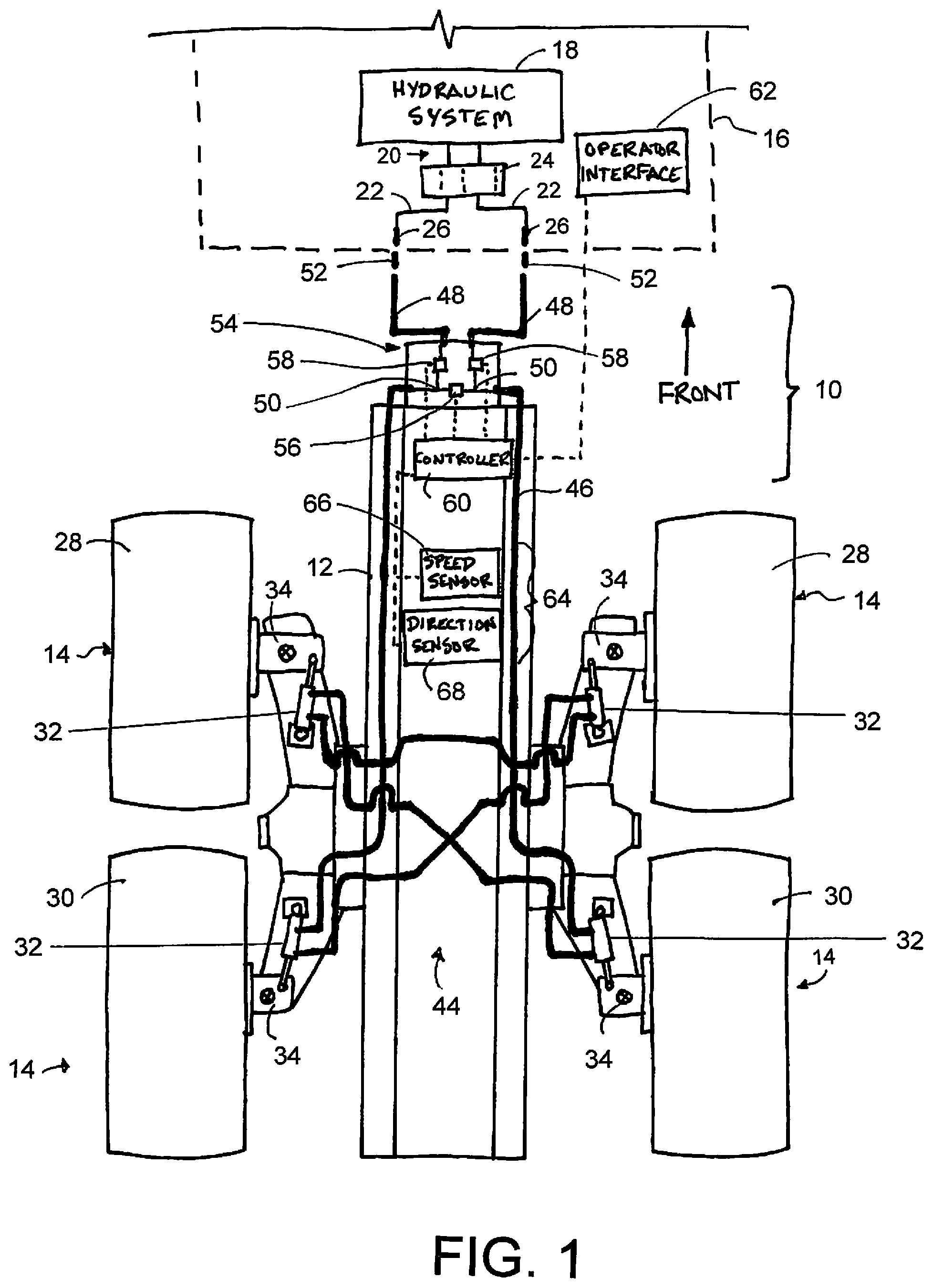 Patent US11780494 — Control apparatus for hydraulically steered wheels of a trailing vehicle operable in locked and self steering configurations — Figure 1