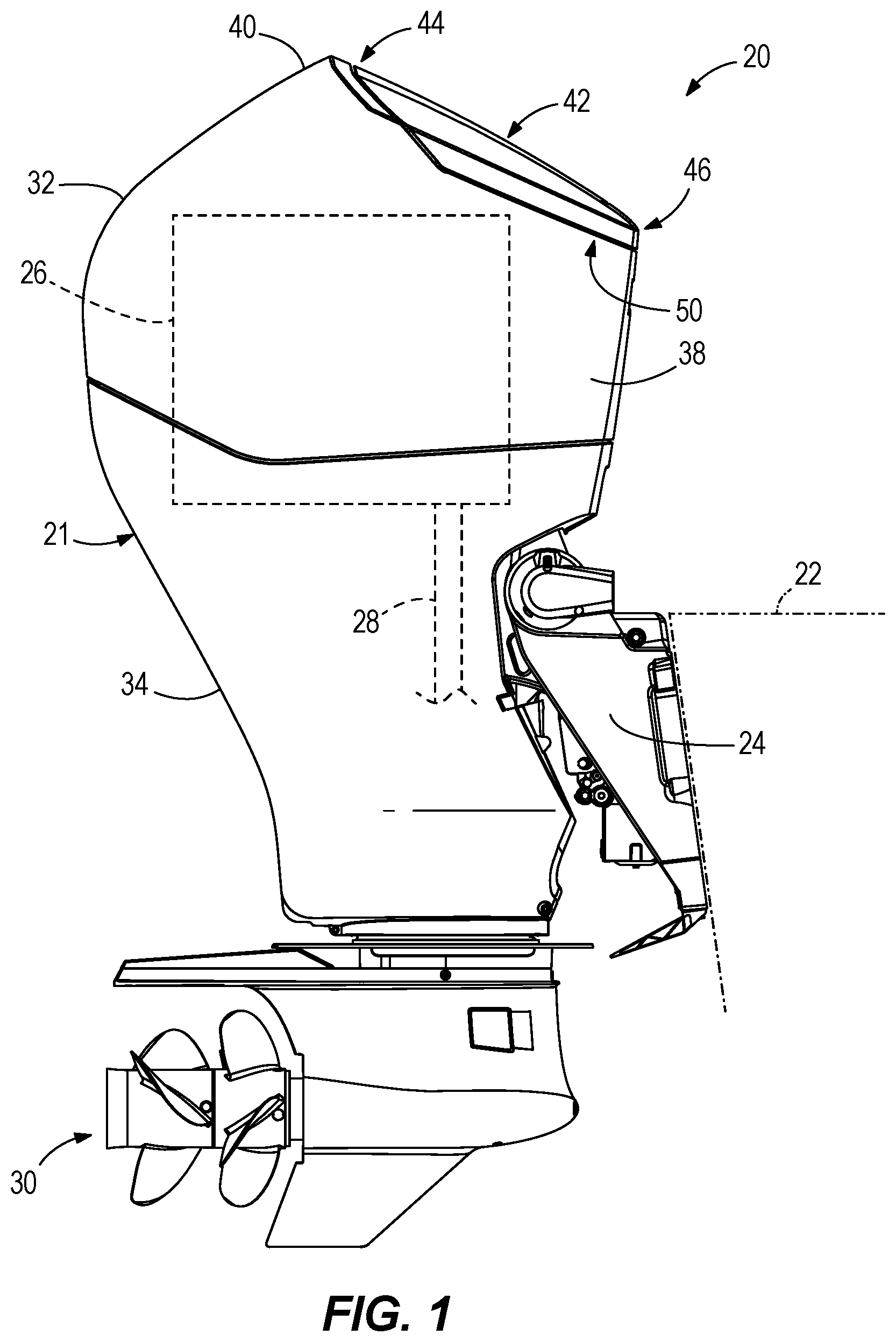 Patent US11780549 — Cowlings for marine drives and latching devices for cowlings for marine drives — Figure 1