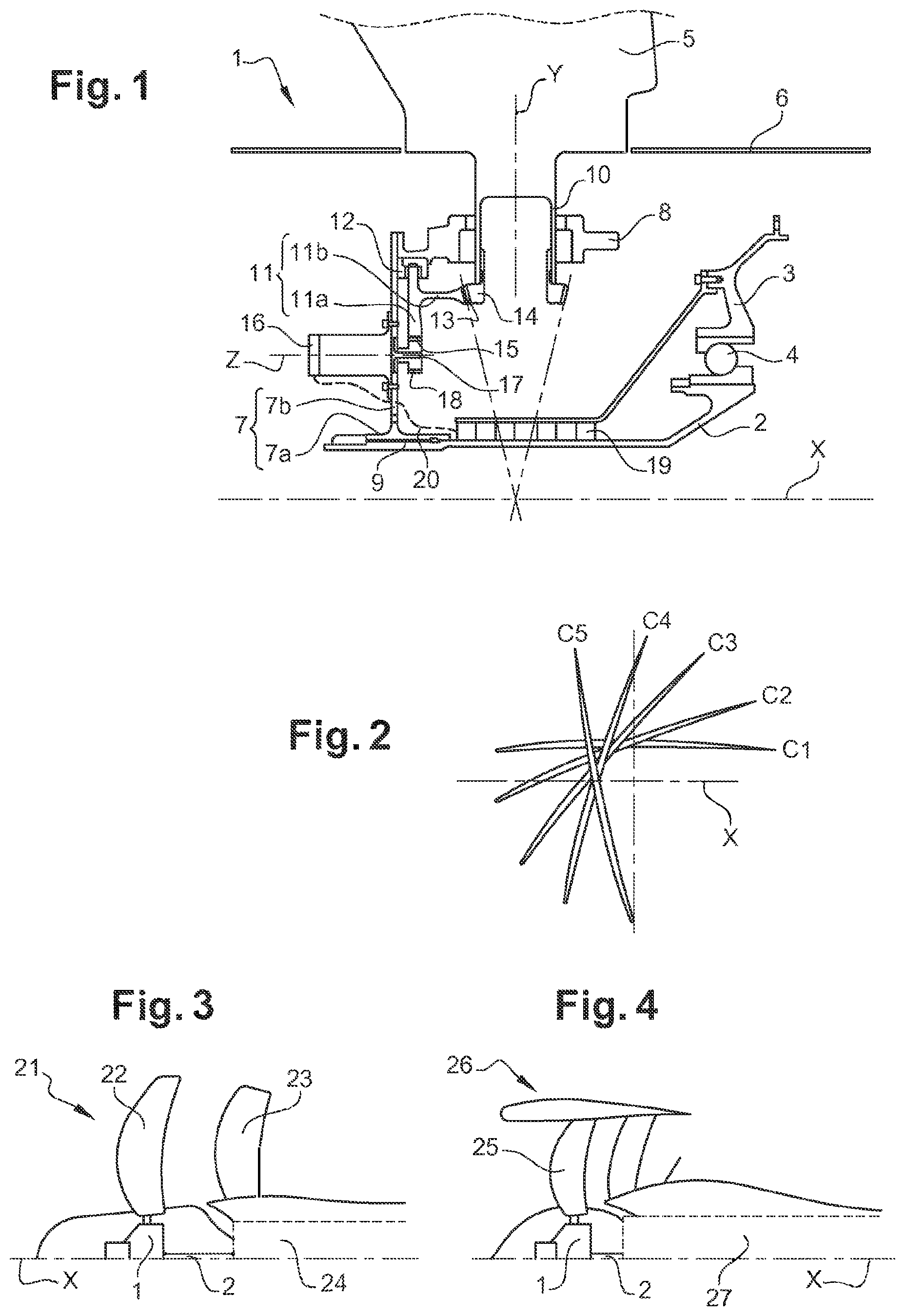 Patent US11780562 Figure 1 – Turbomachine module for a propeller having variable-pitch blades and turbomachine comprising same