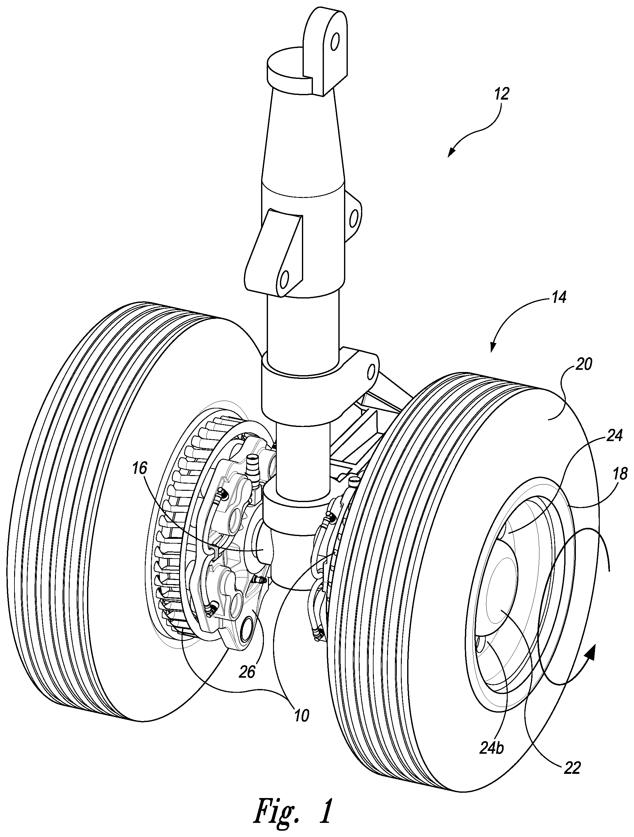 Patent US11780568 — Airplane wheel prerotation/landing brake cooling device — Figure 1